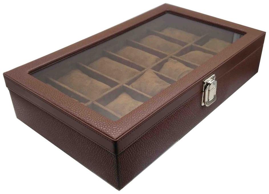 

Essart Faux Leather grainy desinger print Watch Box 15slots removable cushions Transparent lid feature with Lock closure - Brown