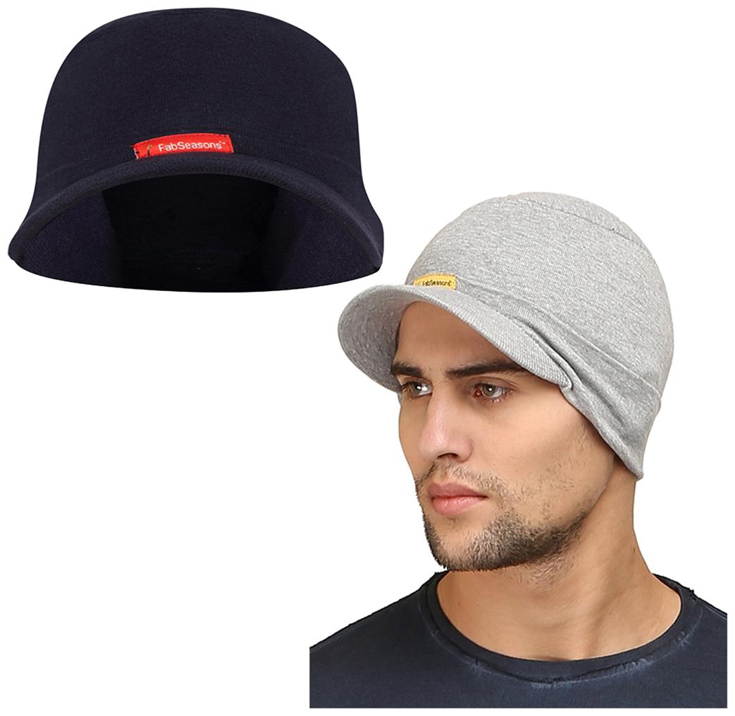 

FabSeasons Cotton Skull Cap with Peak ideal for all Summer Winters Combo Pack of 2 (Gray Blue)