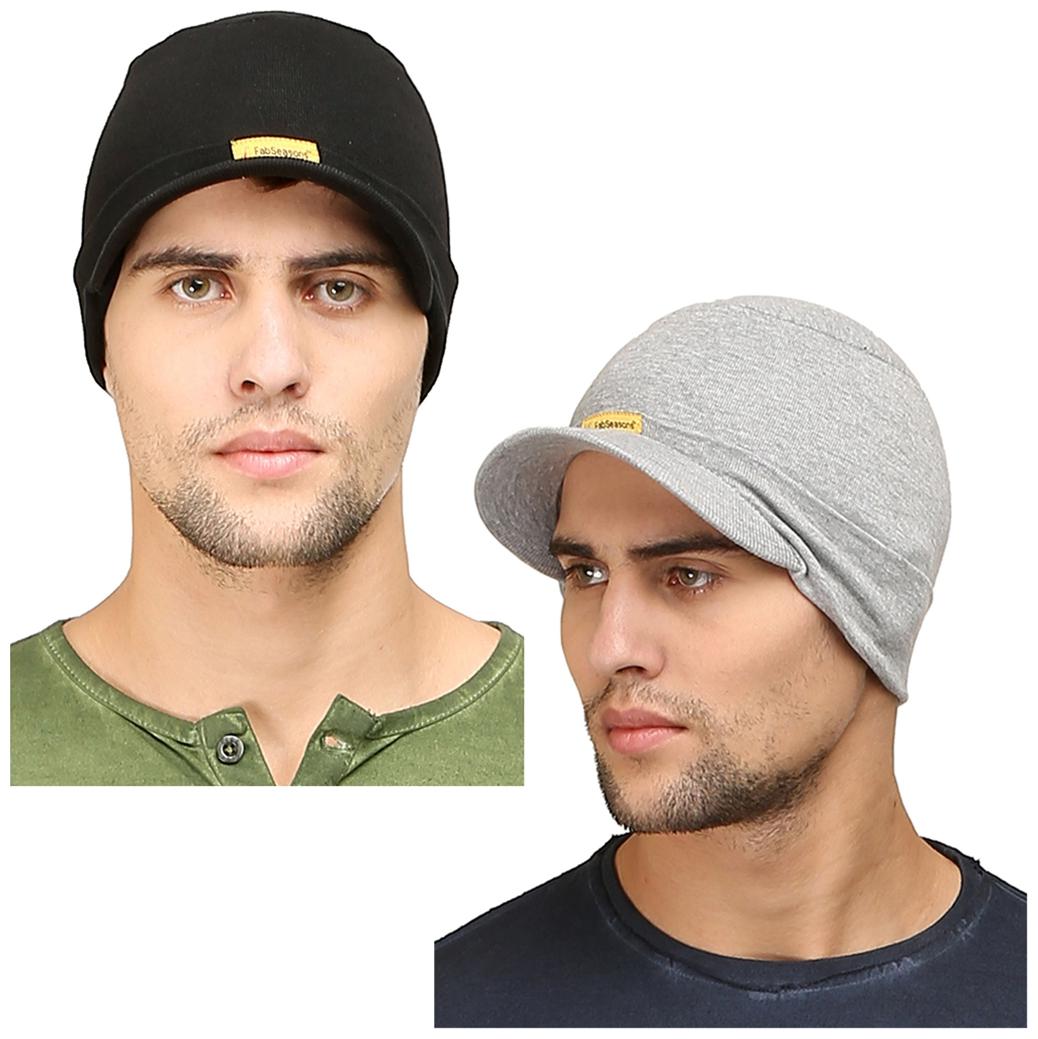 

FabSeasons Cotton Skull Cap with Peak ideal for all Summer Winters Combo Pack of 2 (Gray Black)