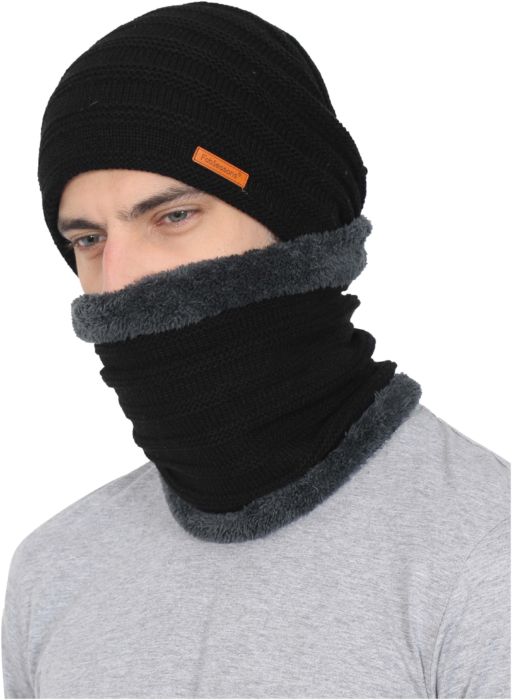 

FabSeasons Unisex Acrylic Woolen combo of Beanie Skull Cap Muffler for winters with faux fur lining