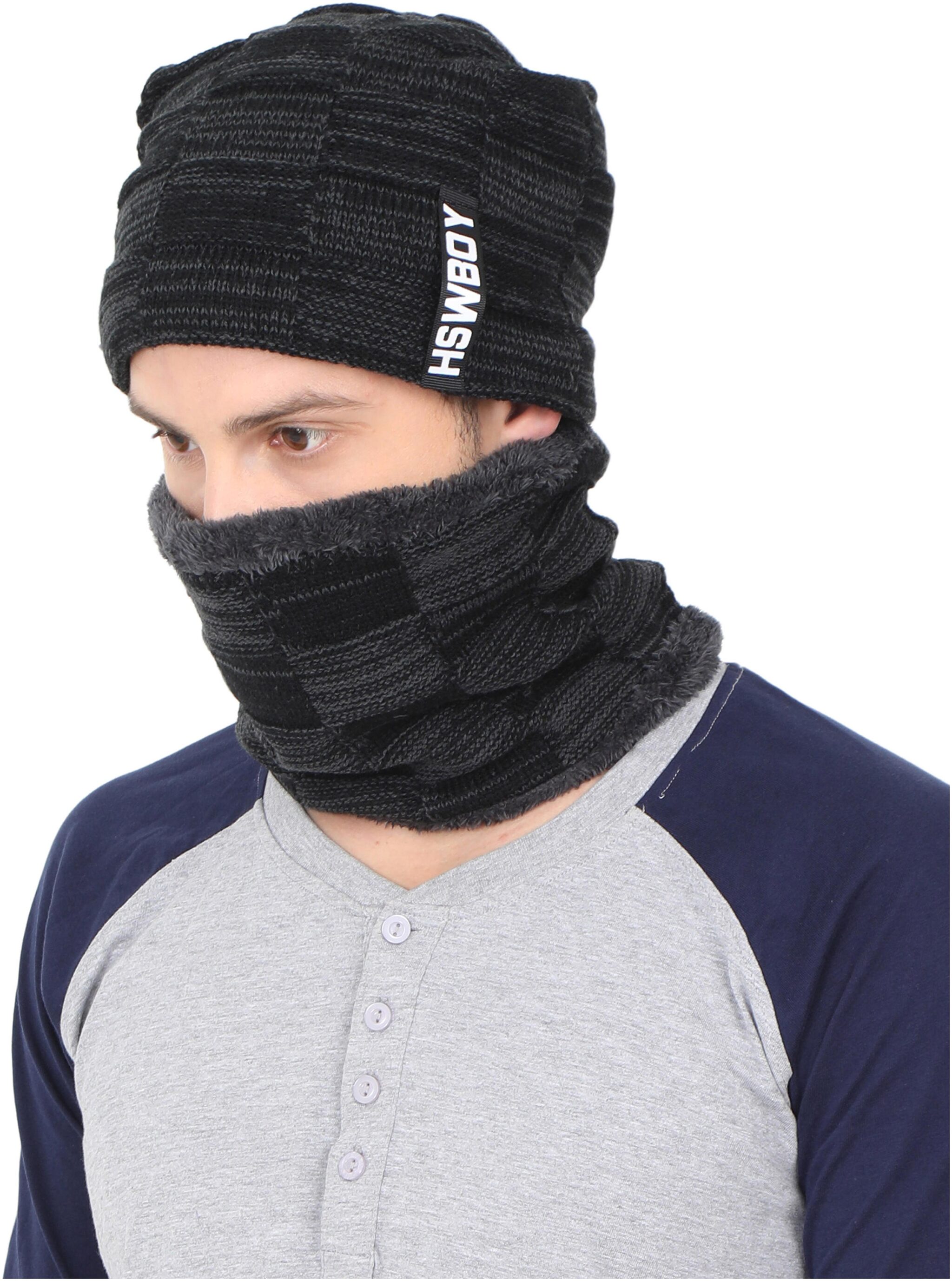 

FabSeasons Unisex Acrylic Woolen combo of Beanie Skull Cap Muffler for winters with faux fur lining