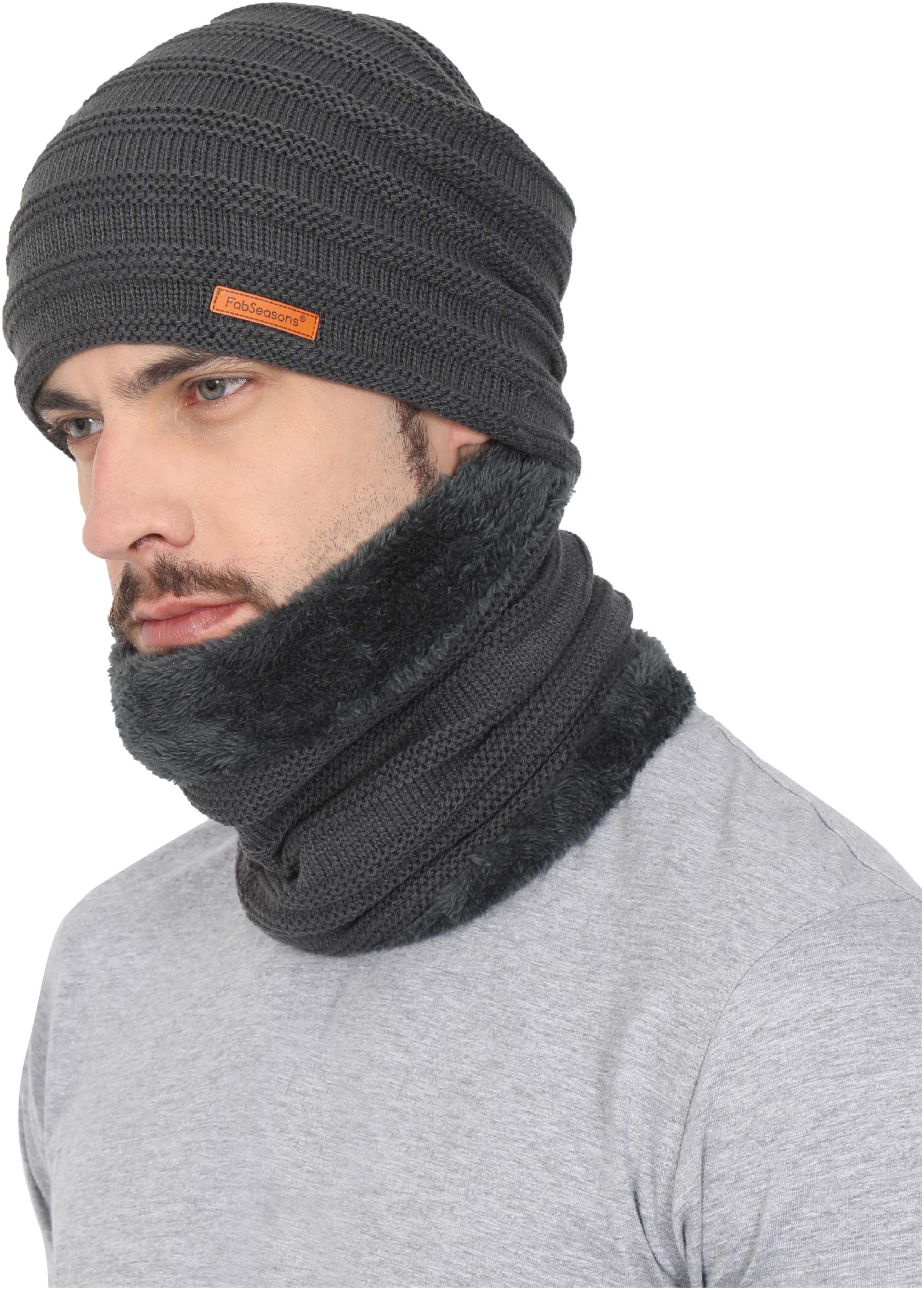 

FabSeasons Unisex Acrylic Woolen combo of Beanie Skull Cap Muffler for winters with faux fur lining