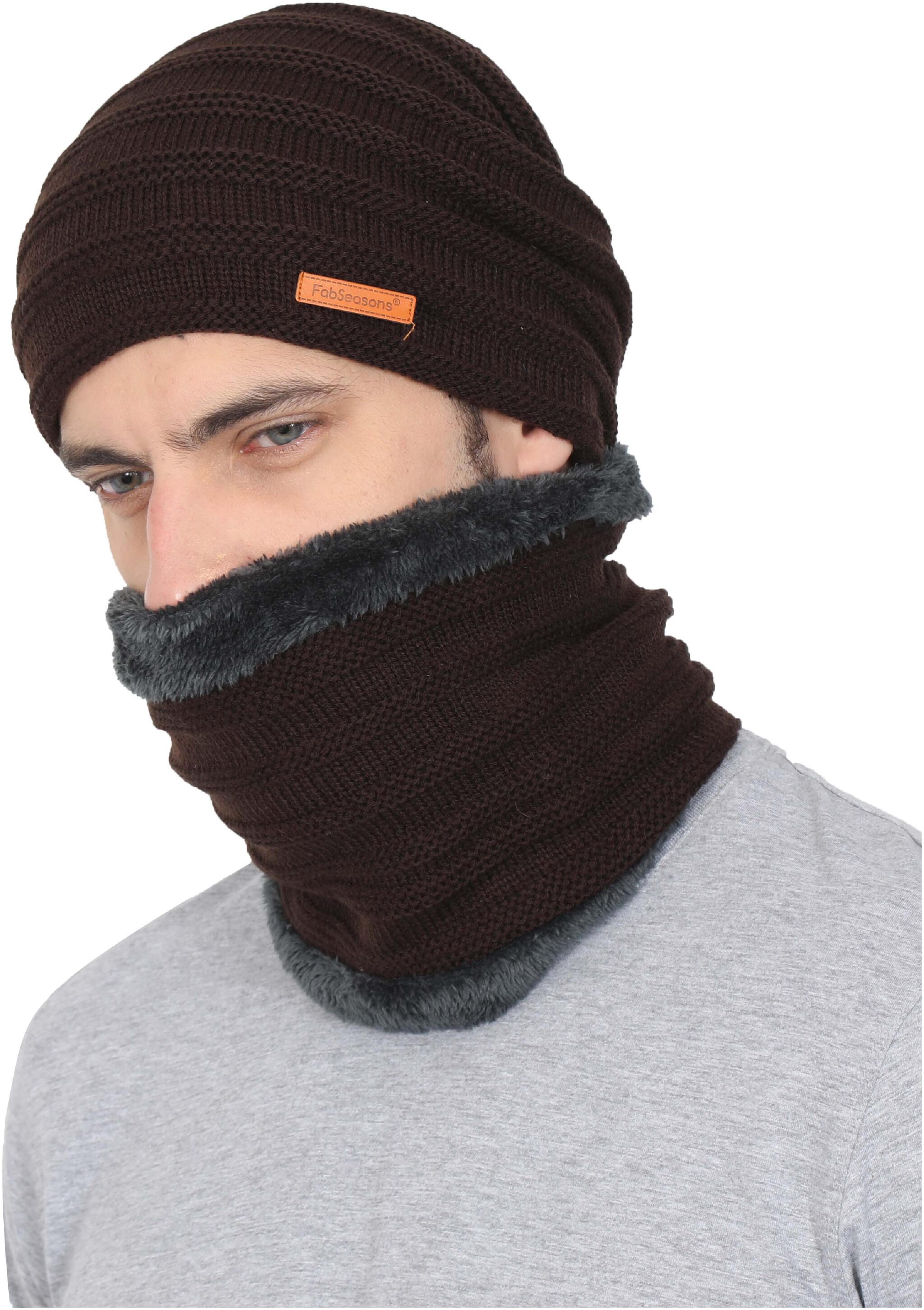 

FabSeasons Unisex Acrylic Woolen combo of Beanie Skull Cap Muffler for winters with faux fur lining