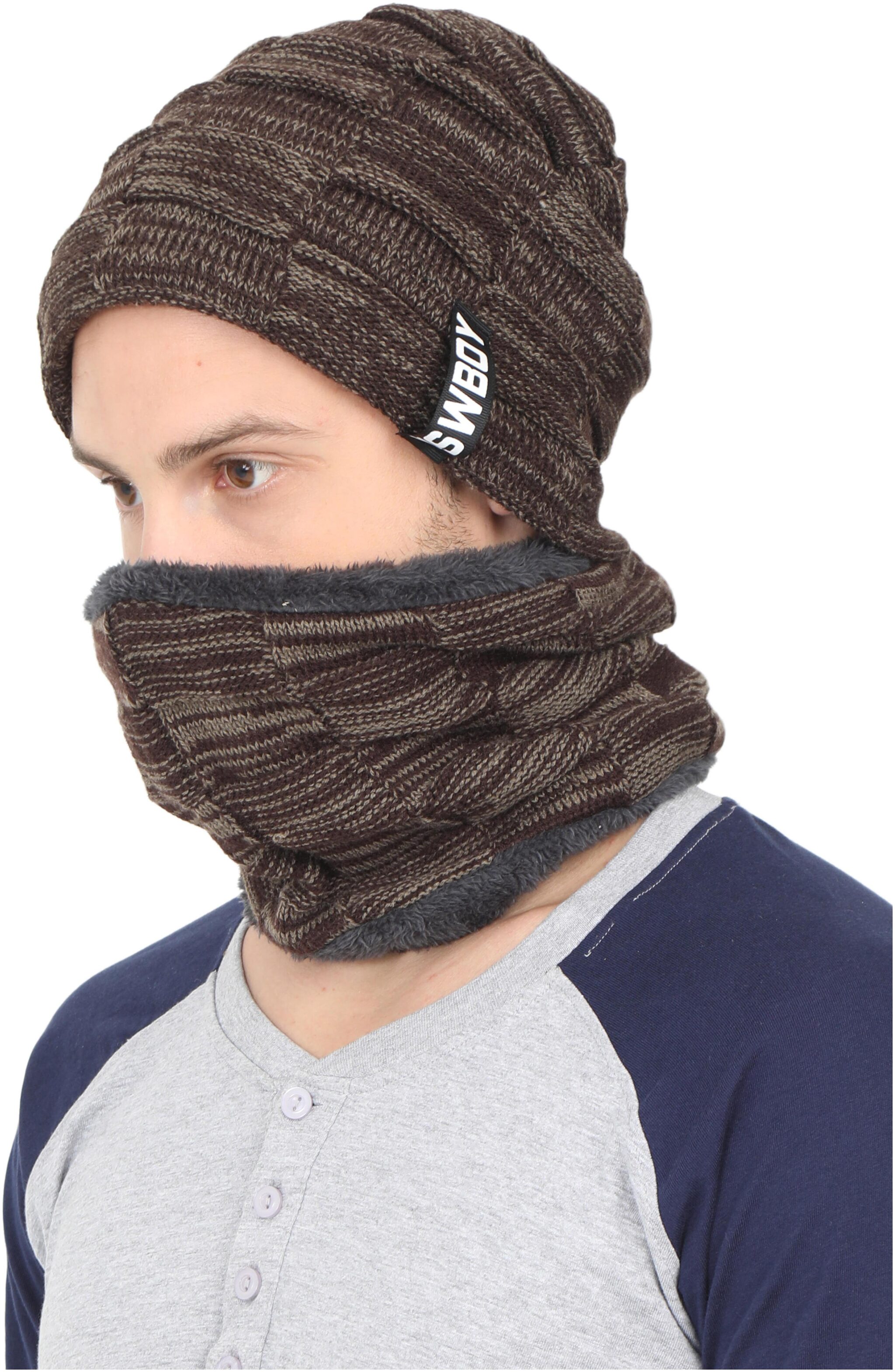 

FabSeasons Unisex Acrylic Woolen combo of Beanie Skull Cap Muffler for winters with faux fur lining