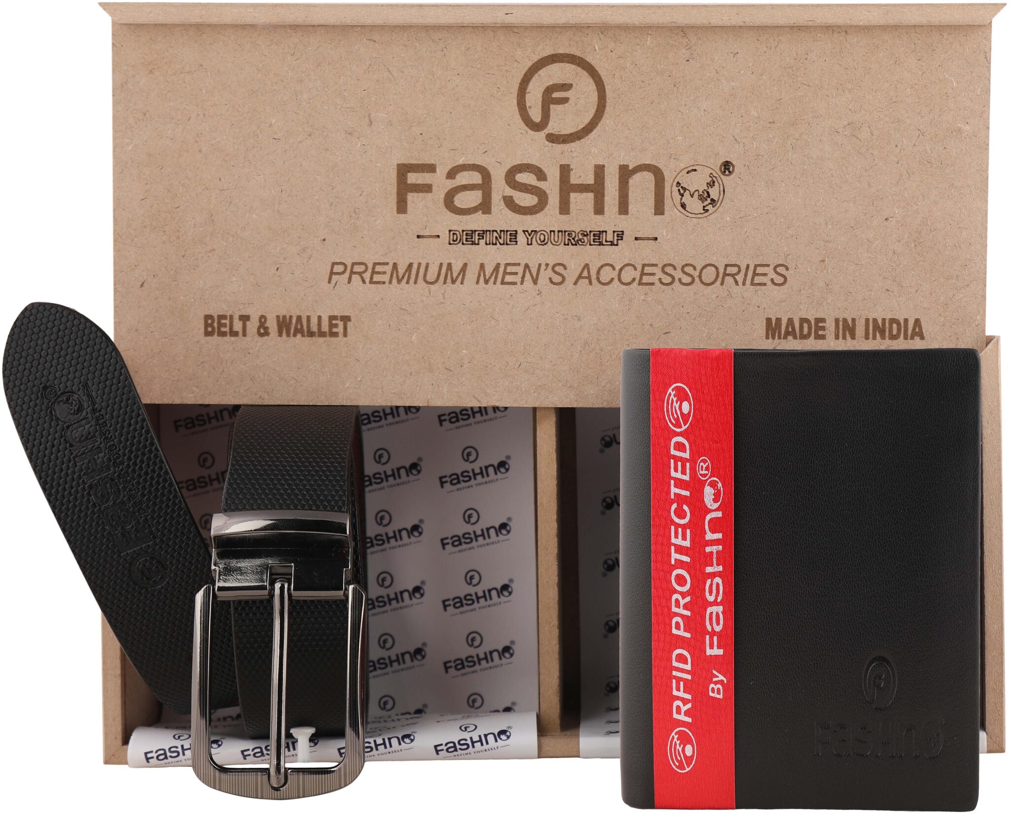 

Fashno Combo of Genuine Leather Black Belt And Bi- Fold RFID Black Wallet