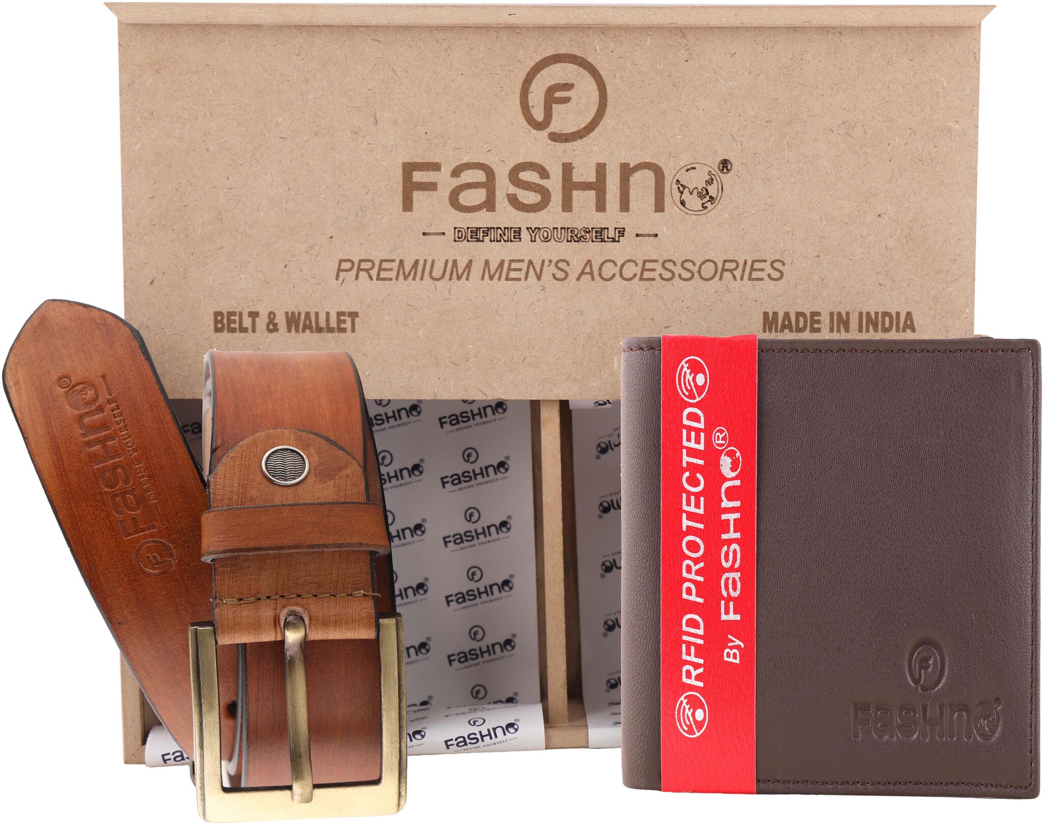 

Fashno Combo of Genuine Leather Tan Belt And Bi- Fold RFID Brown Wallet