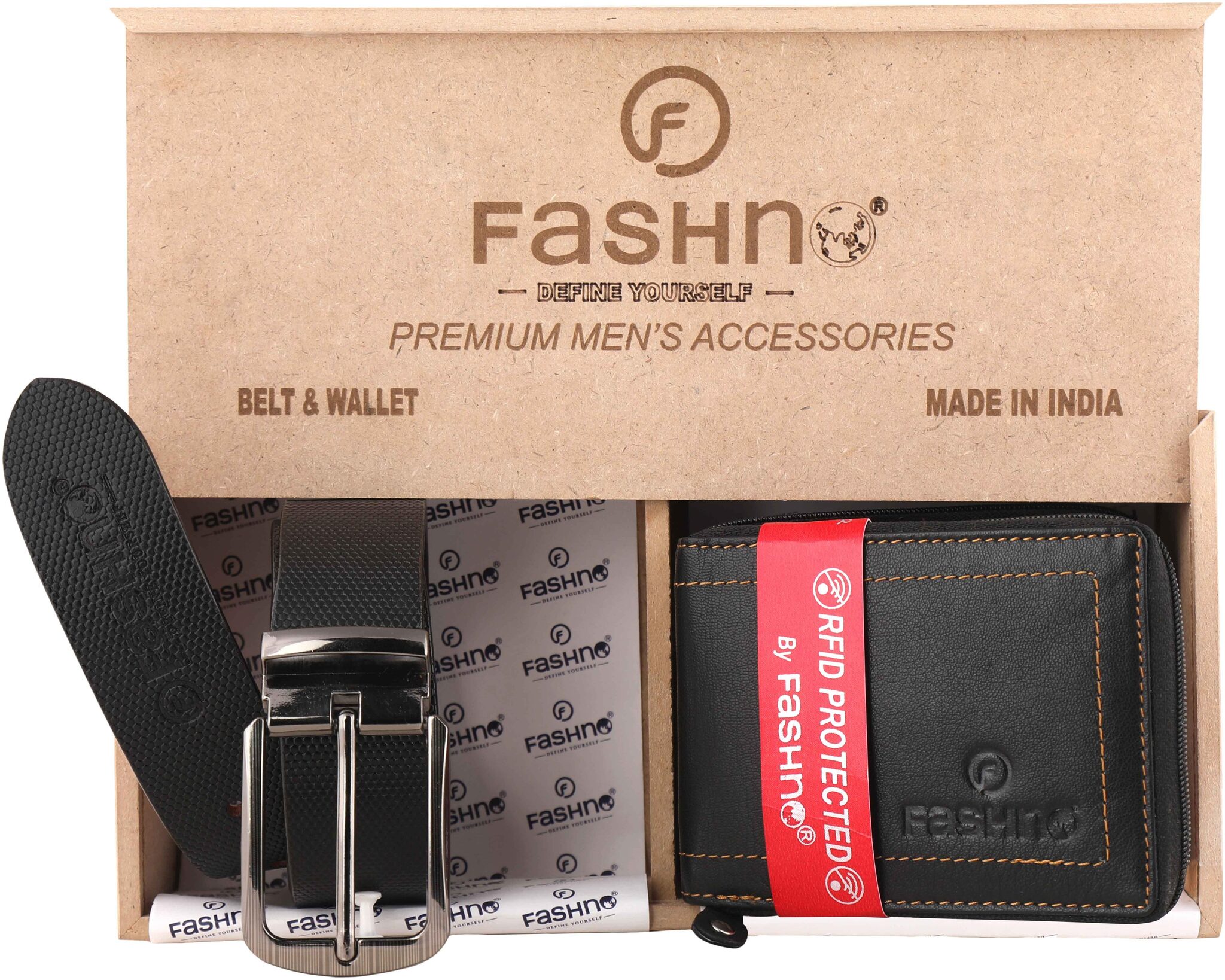 

Fashno Combo of Genuine Leather Black Belt And Zipper RFID Black Wallet