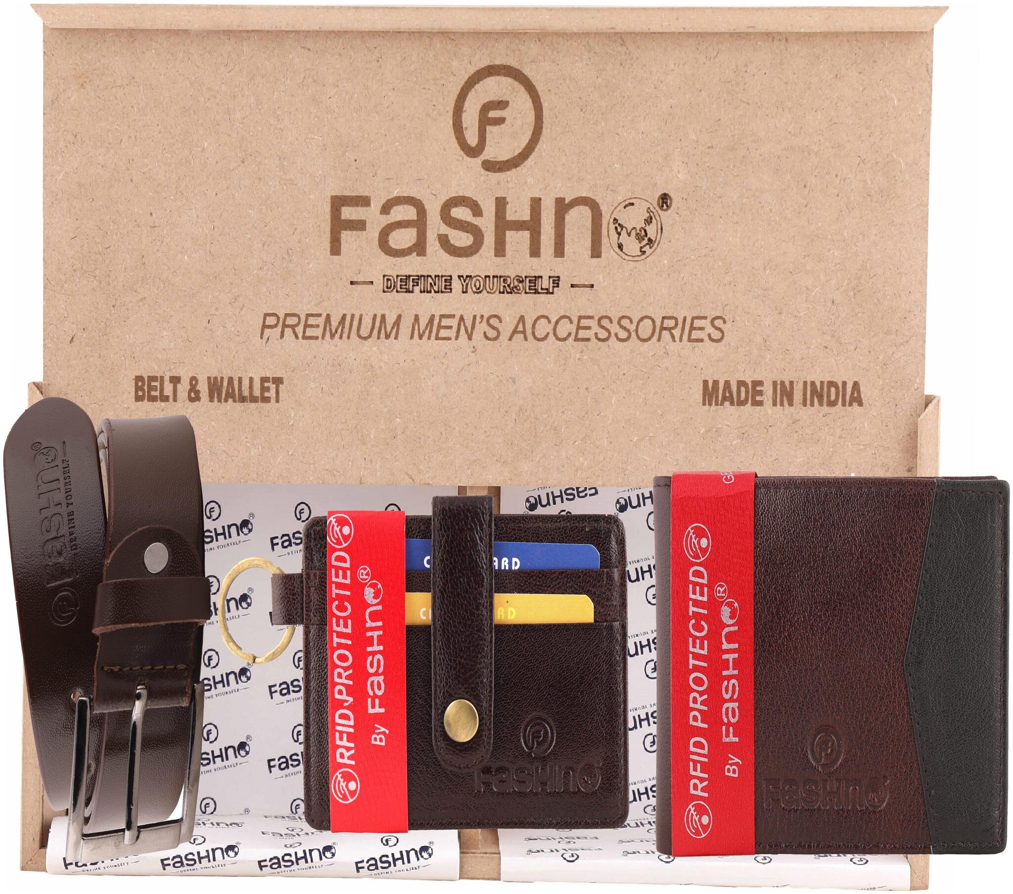 

Fashno Combo of Genuine Leather Brown Belt And Bi - Fold RFID Brown Wallet and Brown Card Holder (Wooden box packaging)