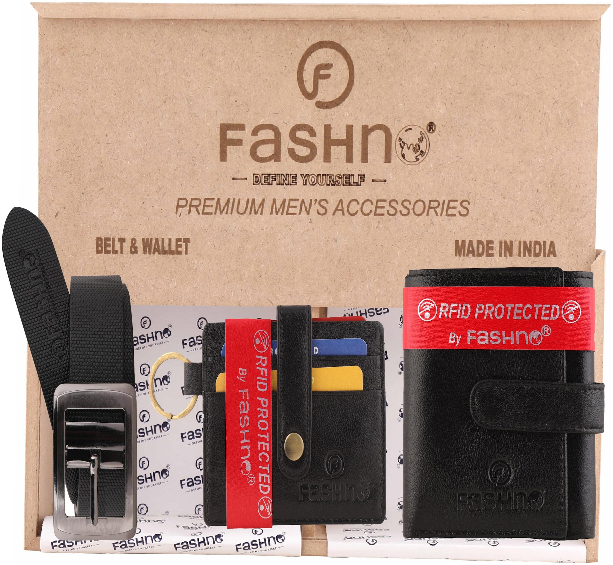 

Fashno Combo of Genuine Leather Black Belt And Tri - Fold RFID Black Wallet and Black Card Holder (Wooden box packaging)