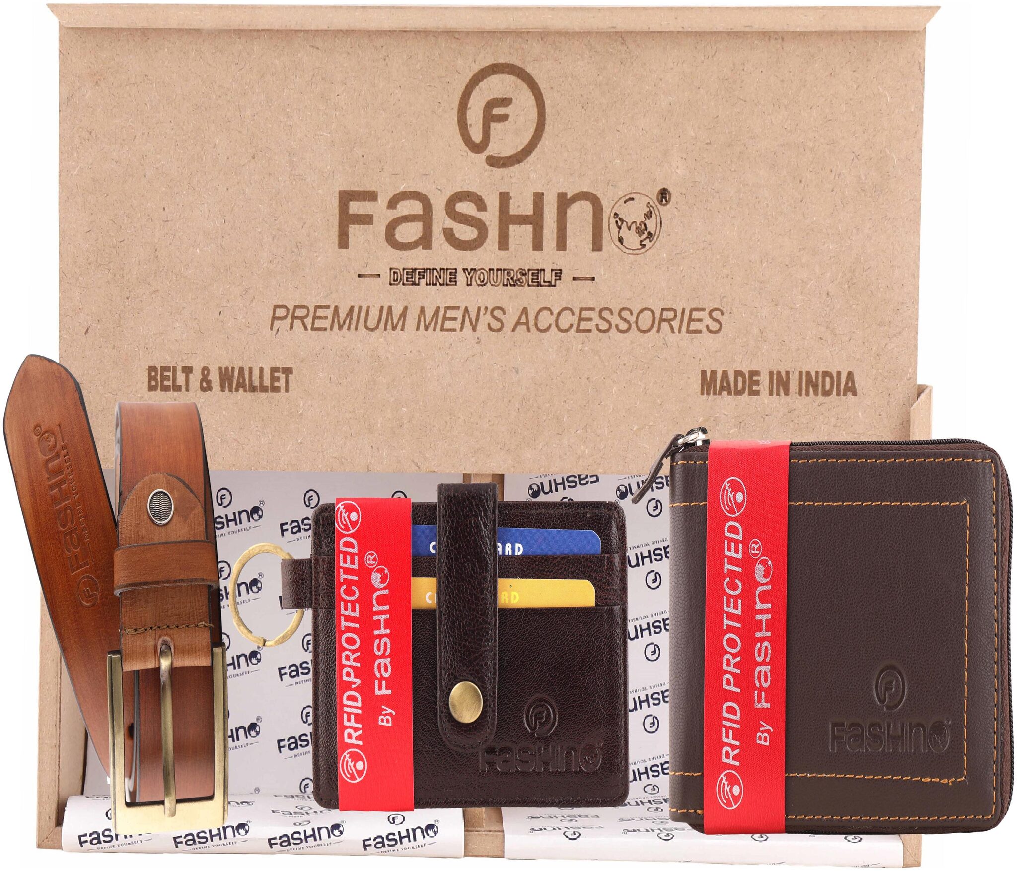 

Fashno Combo of Genuine Leather Tan Belt And Zipper - Fold RFID Brown Wallet and Brown Card Holder (Wooden box packaging)