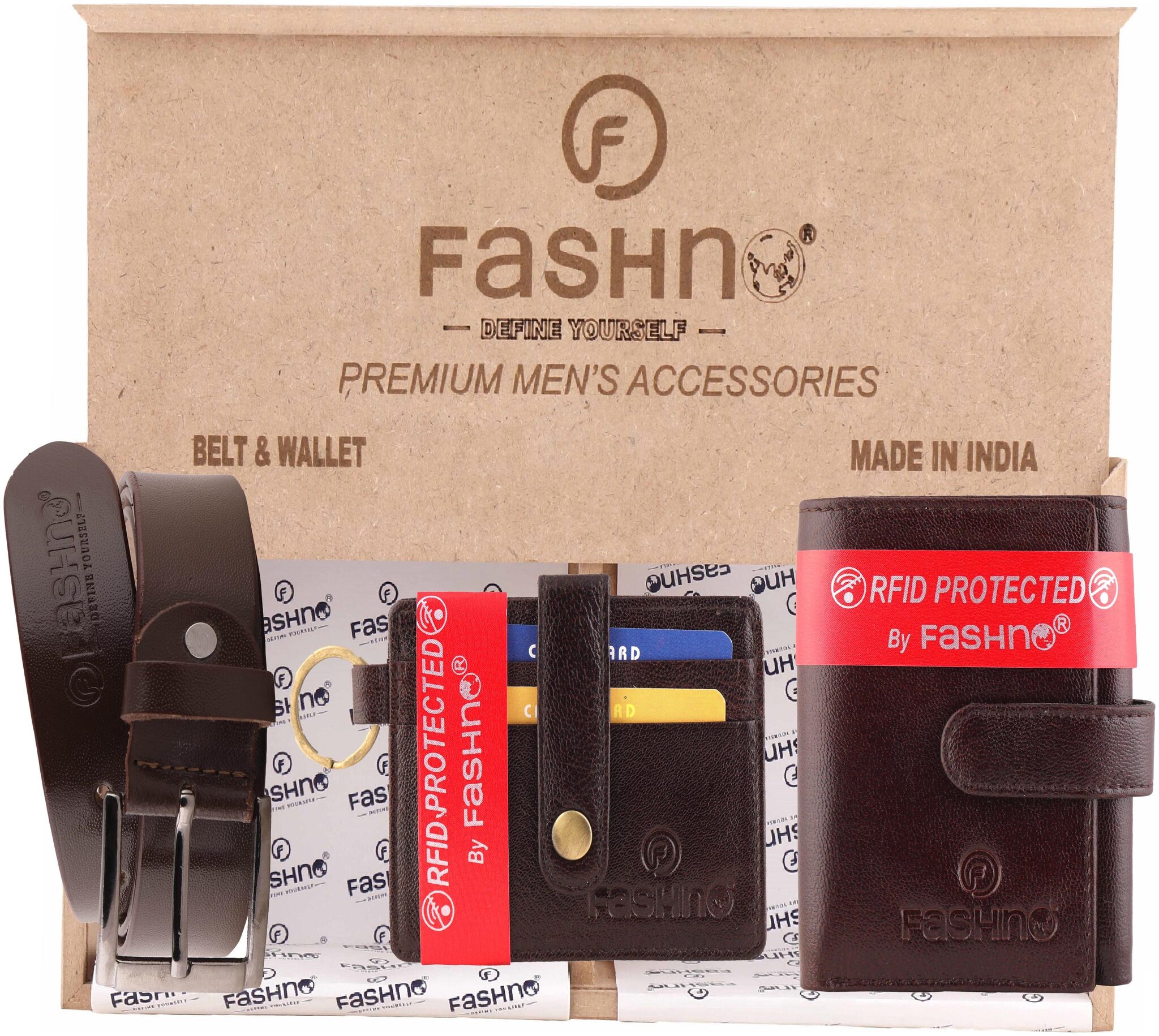 

Fashno Combo of Genuine Leather Brown Belt And Tri - Fold RFID Brown Wallet and Brown Card Holder (Wooden box packaging)