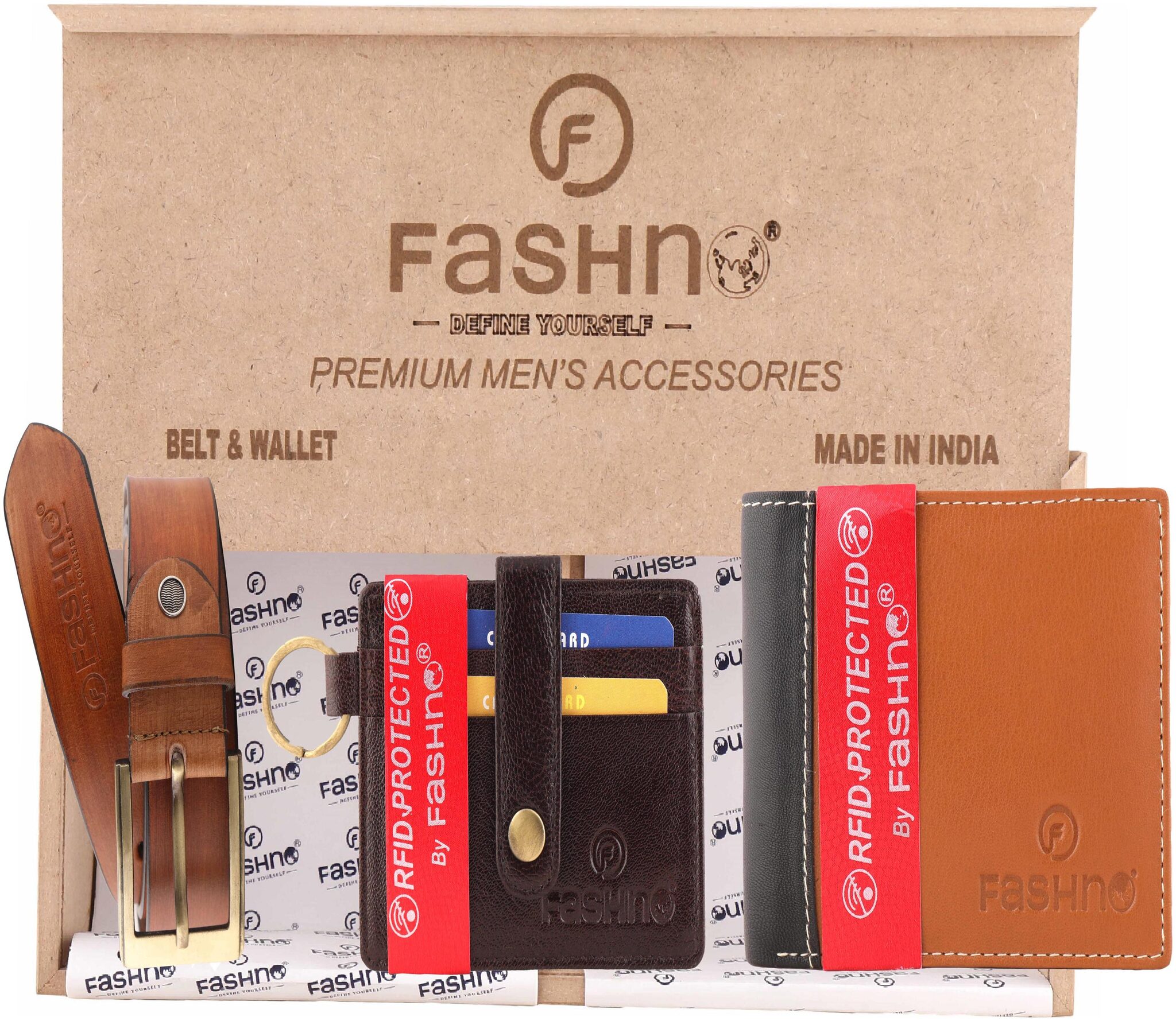 

Fashno Combo of Genuine Leather Tan Belt And Bi - Fold RFID Tan Wallet and Brown Card Holder (Wooden box packaging)