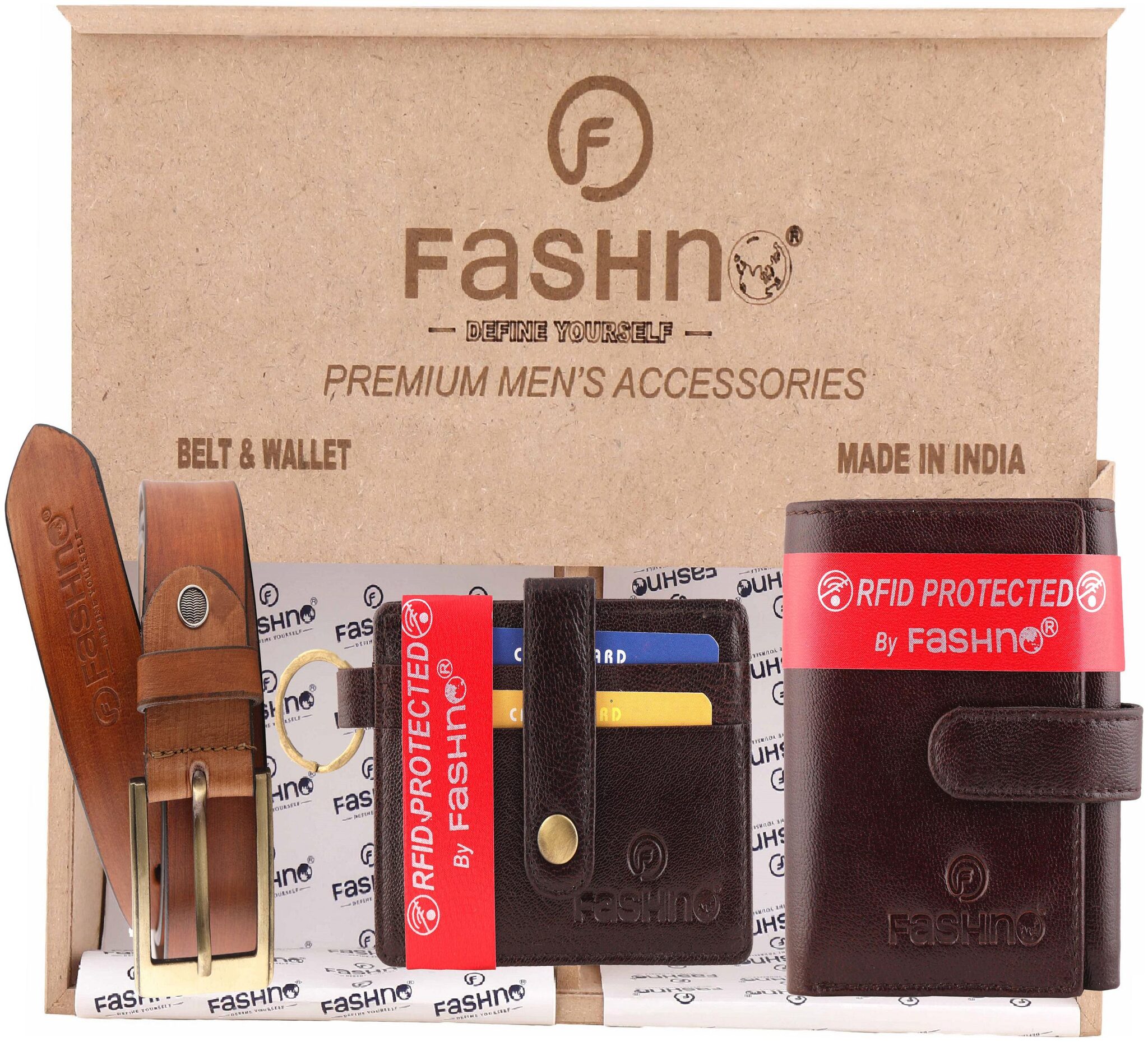 

Fashno Combo of Genuine Leather Tan Belt And tri - Fold RFID Brown Wallet and Brown Card Holder (Wooden box packaging)