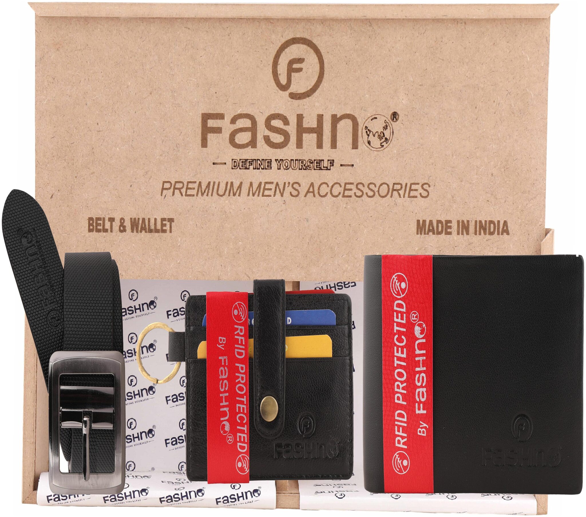 

Fashno Combo of Genuine Leather Black Belt And Bi - Fold RFID Black Wallet and Black Card Holder (Wooden box packaging)