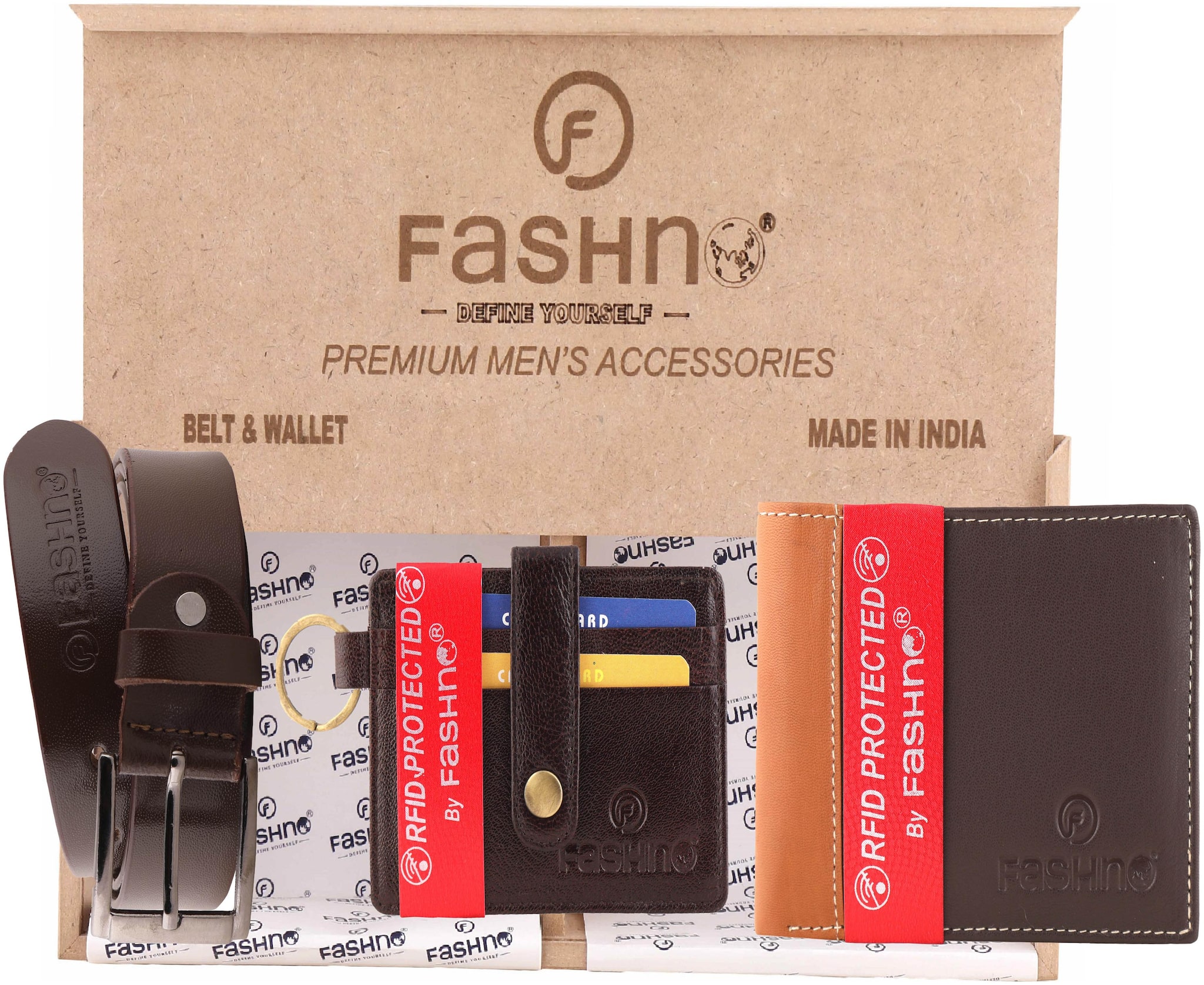 

Fashno Combo of Genuine Leather Brown Belt And Bi - Fold RFID Brown Wallet and Brown Card Holder (Wooden box packaging)