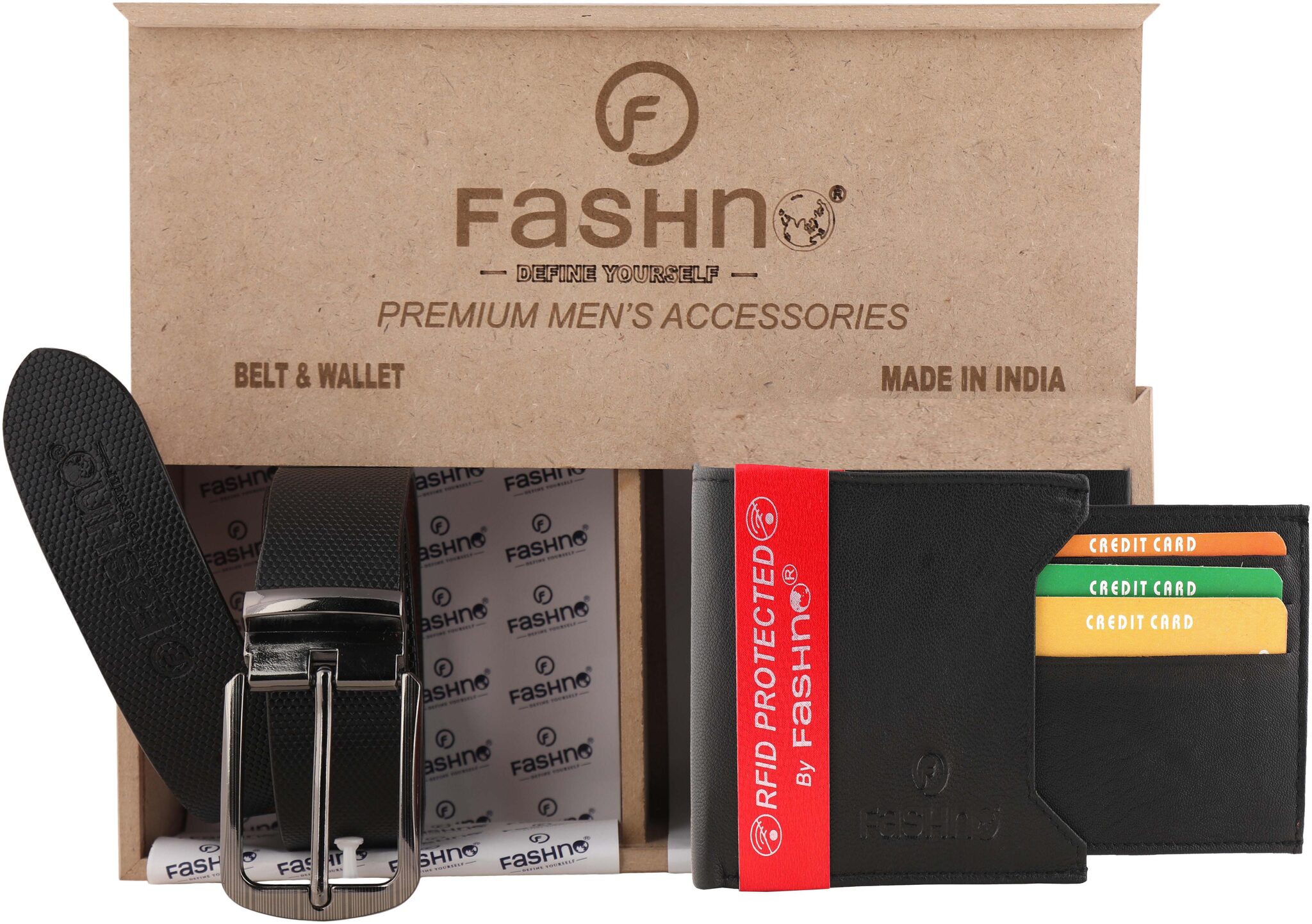 

Fashno Combo of Genuine Leather Black Belt And Bi- Fold RFID Black Wallet