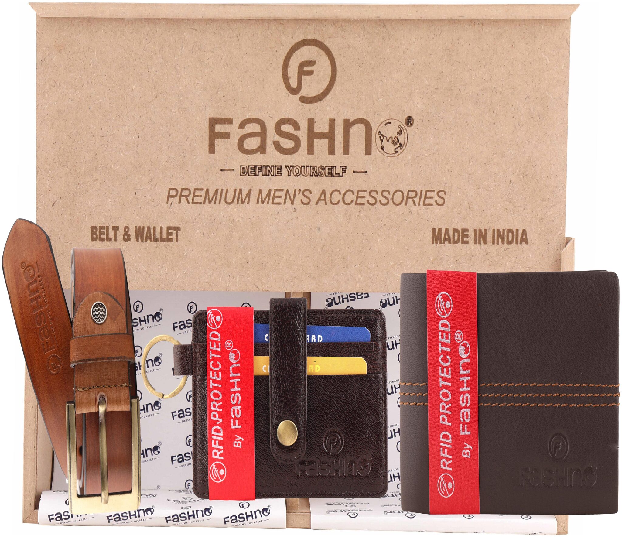 

Fashno Combo of Genuine Leather Tan Belt And Bi - Fold RFID Brown Wallet and Brown Card Holder (Wooden box packaging)