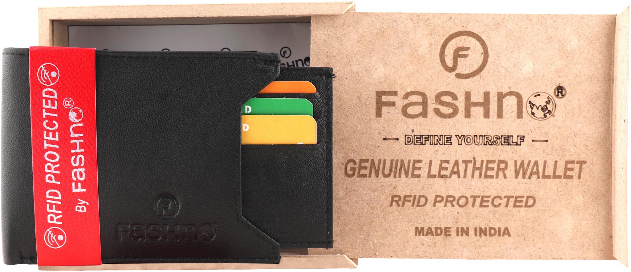 

Fashno Men Black Genuine Leather Bi - Fold RFID Wallet
