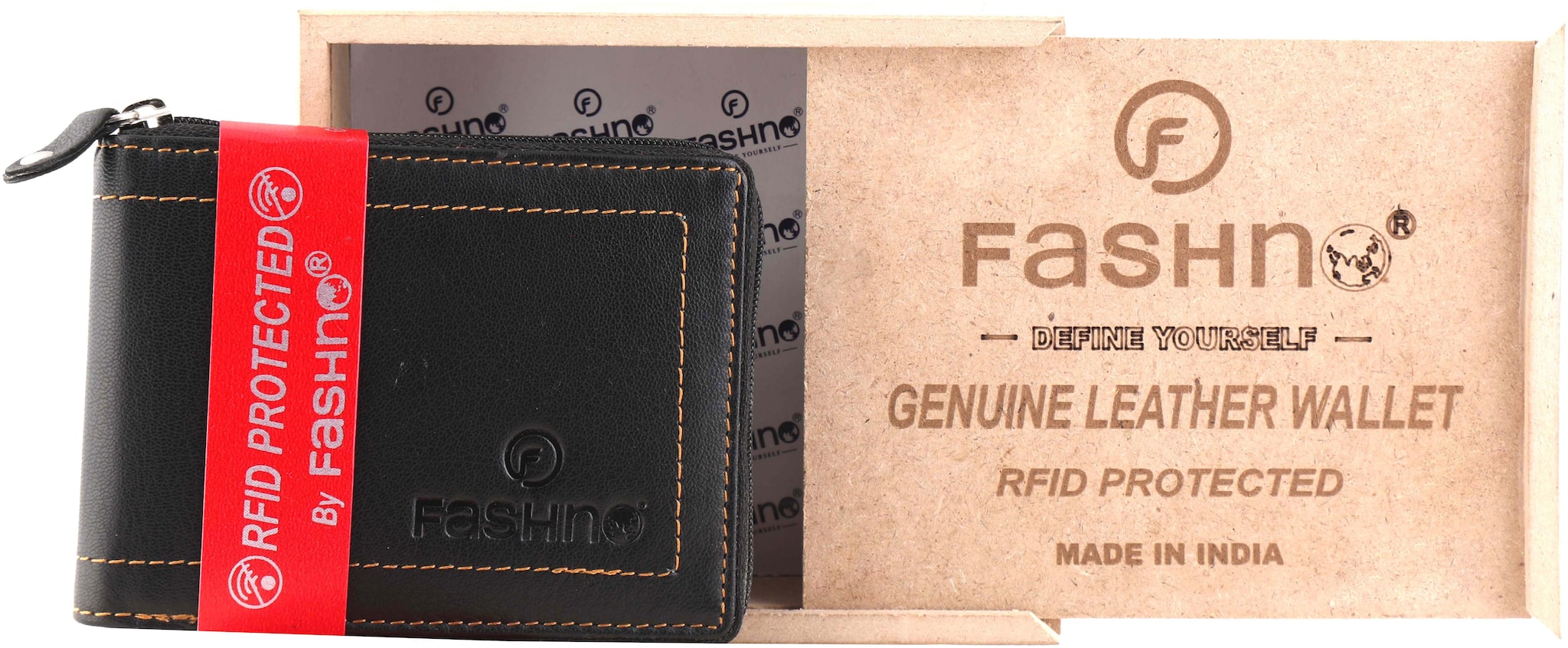

Fashno Men Black Genuine Leather ZIPER Bi - Fold RFID Blocking Wallet