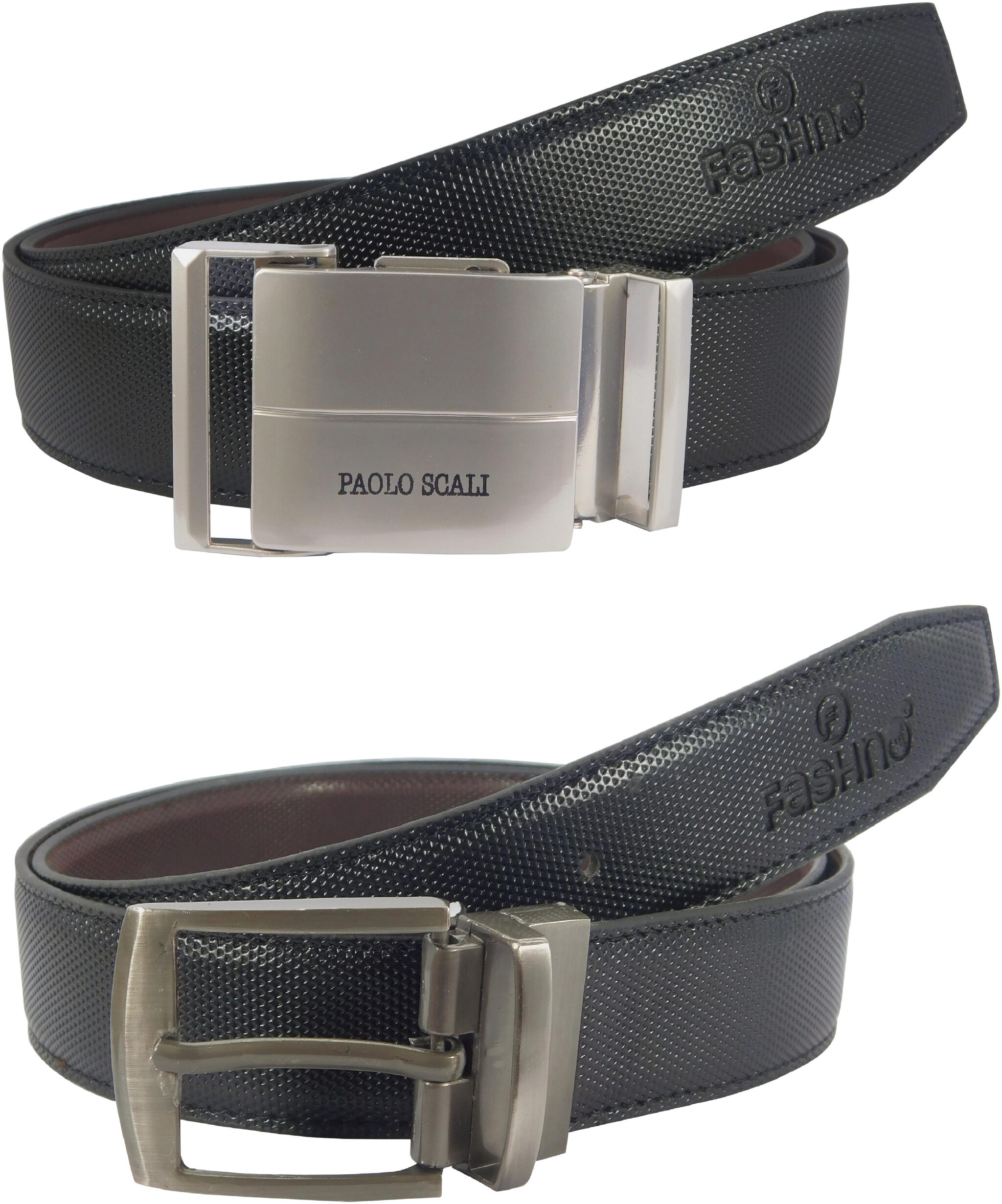 

Fashno Mens Combo PU Black Adjustable Silver Buckle And Black Reversable Belt