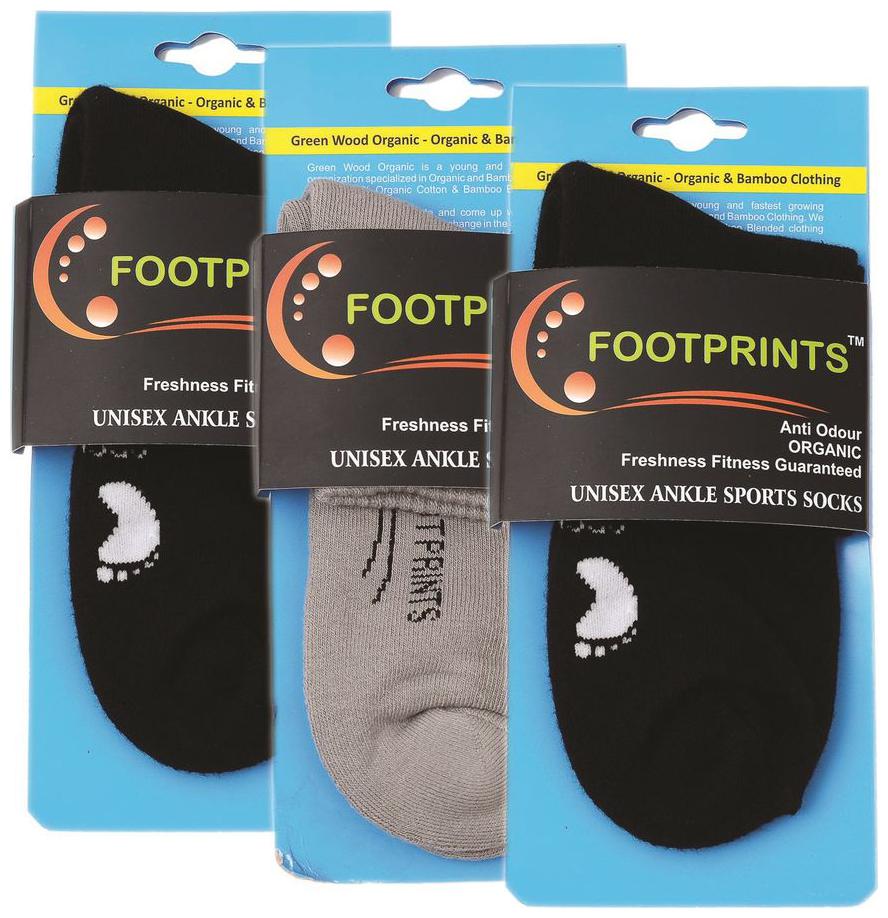 

Footprints Organic Cotton Bamboo Unisex Ankle Sports Cushion Socks - Pack of 3 - 2 Black 1 Grey