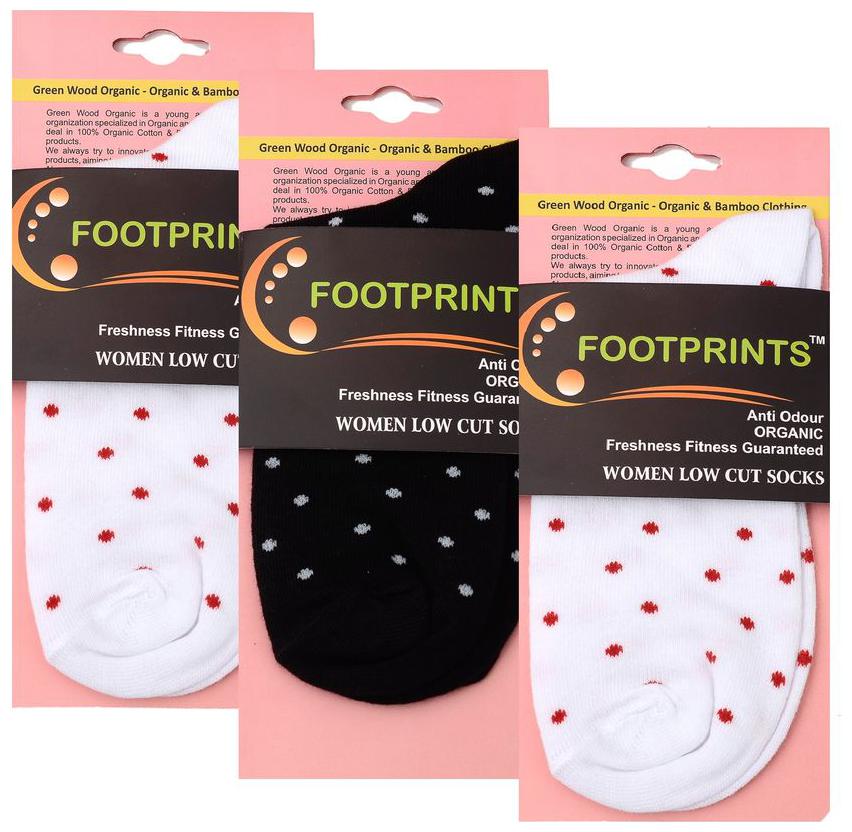 

Footprints Organic Cotton Women Ankle Socks- Pack of 3 Polka dot- 2 White 1 Black - Freesize (6-9)