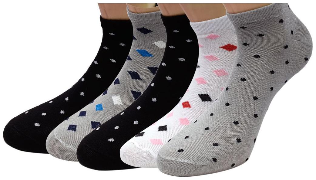 

Footprints Organic Cotton Women Ankle Socks- Pack of 5 Pairs -2 Grey 1 White Check 2Black Dot - Freesize (6-9)