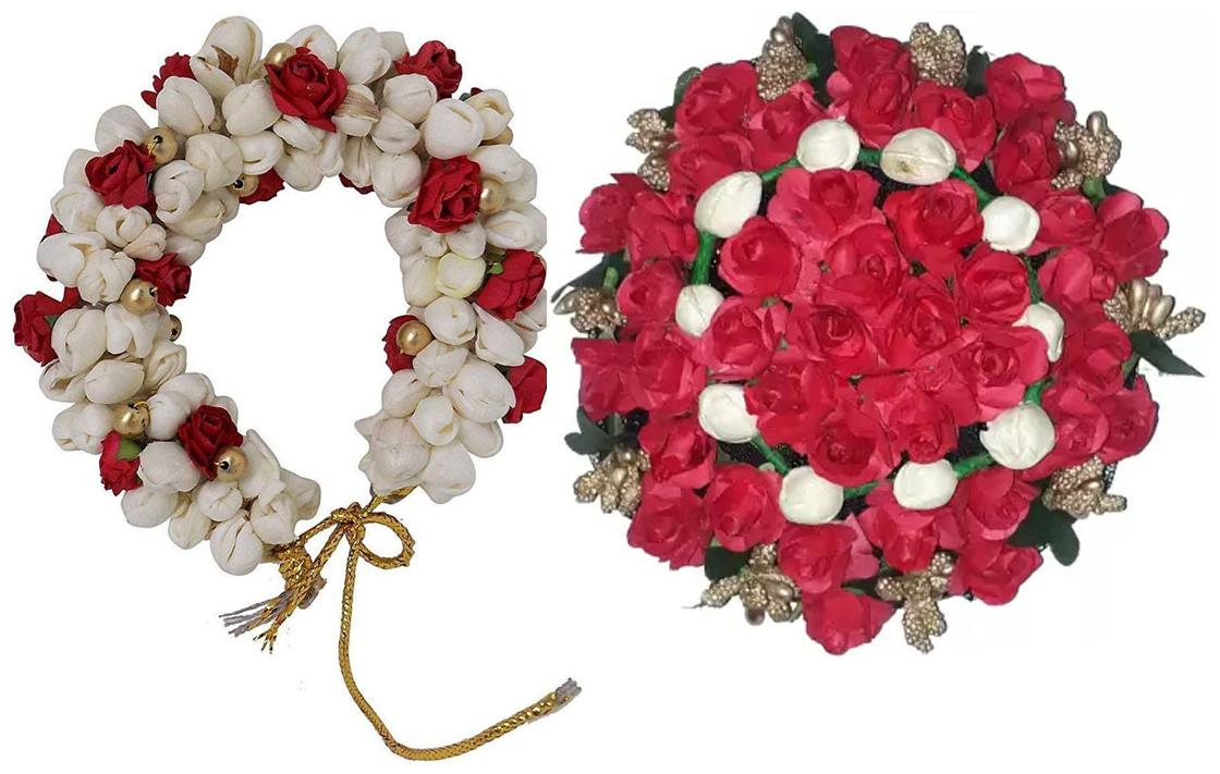 

Gadinfashion Hair Bun Combo Mogra Artificial Gajra Full Juda Bun For Women In White And Red Pack-02