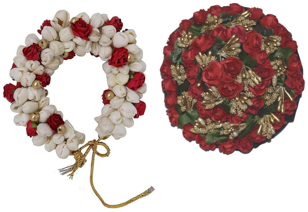 

Gadinfashion Hair Bun Combo Mogra Artificial Gajra Full Juda Bun For Women In White And Red Pack-02