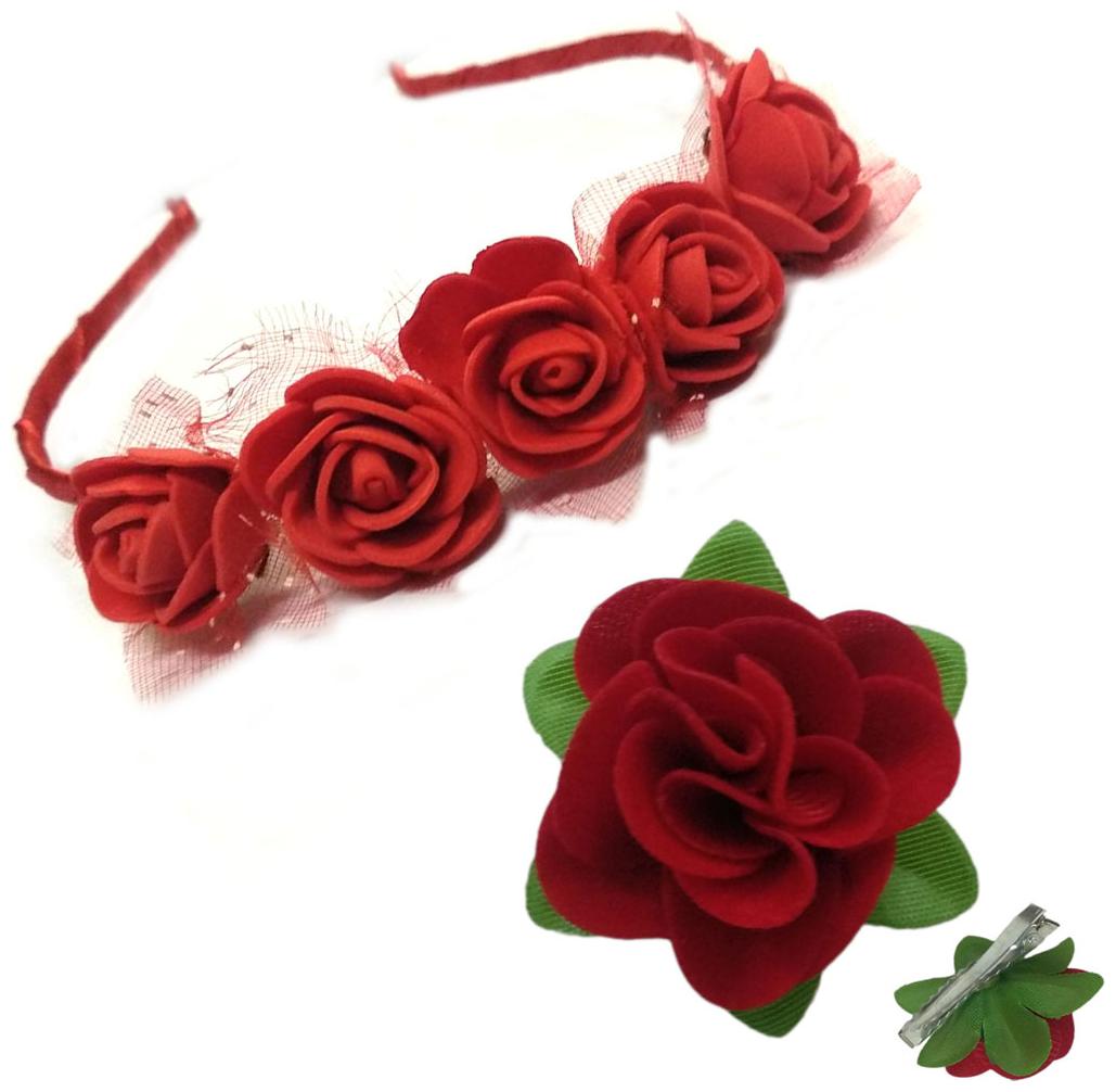 

GadinFashion Pack of Red Rose Hair Band Tiara Designed and Fabric Red Rose Flower Hair Clip Hair Accessories for Girls Women