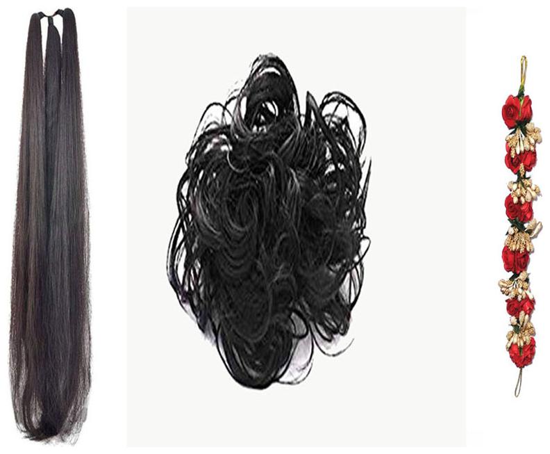 

GadinFashion Hair Accessories 01 black prandi 24 inch 01 red rose gajra 01 black rubber juda For Women