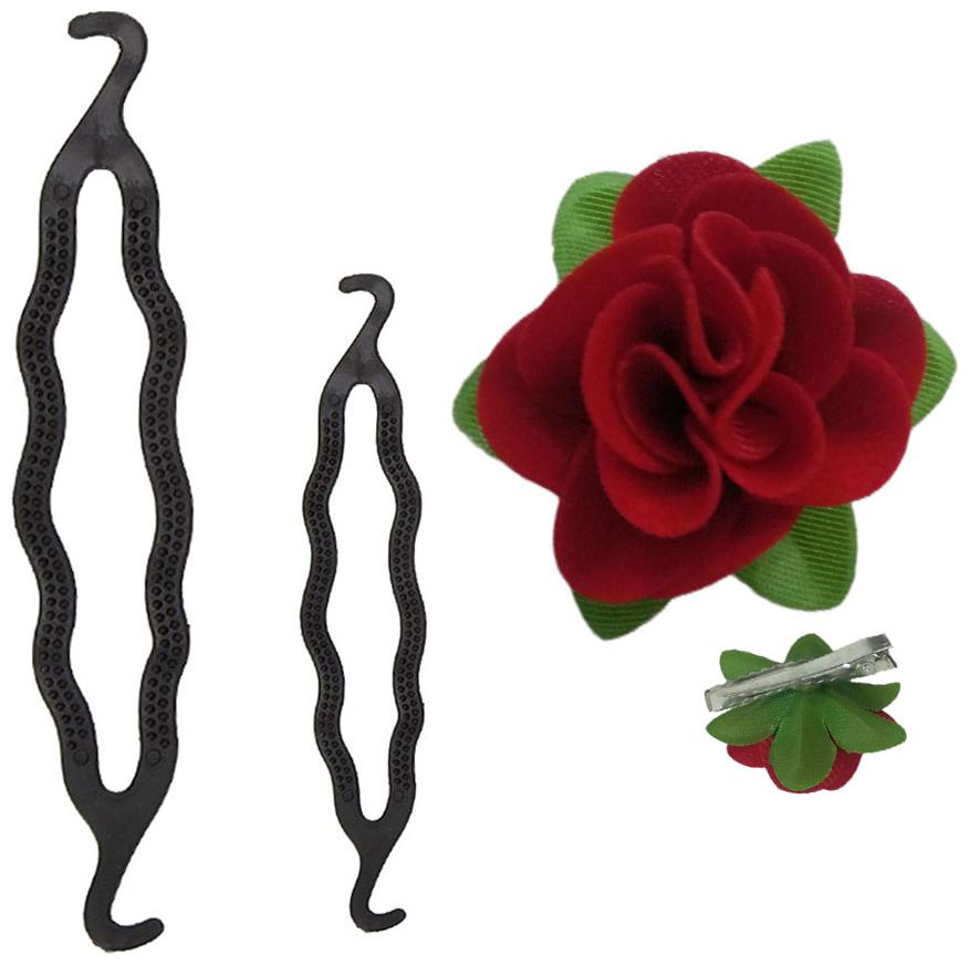 

GadinFashion Pack of 2 Medium or small Size Styling Clip Bun Maker (Black) with Fabric Red Rose Flower Hair Clip Hair Accessories For Girls Women