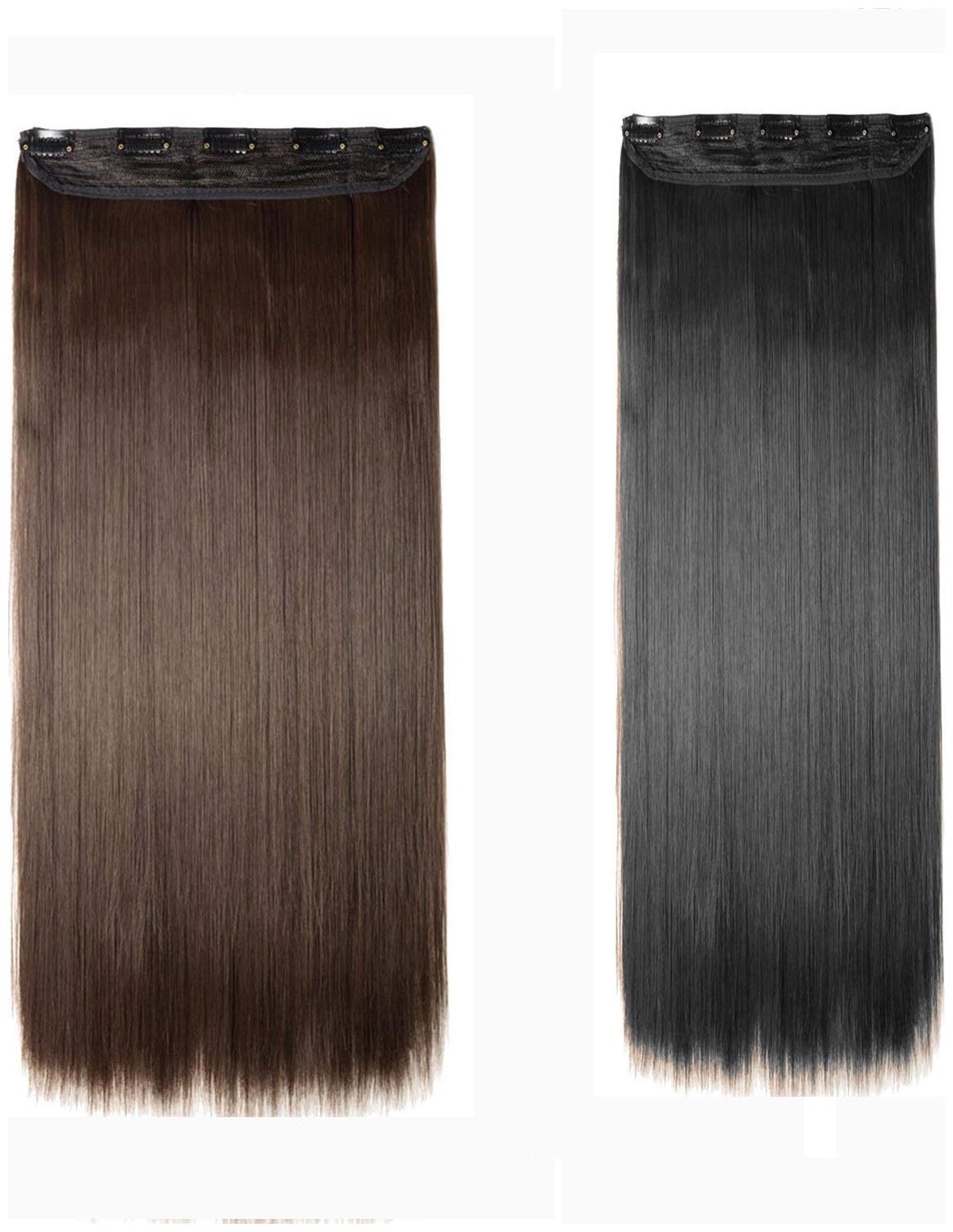 

GadinFashion set of 2(Black Brown) 5 Clip Straight Synthetic Hair Extensions For Women Girls Wedding Accessories Brown 24 inch