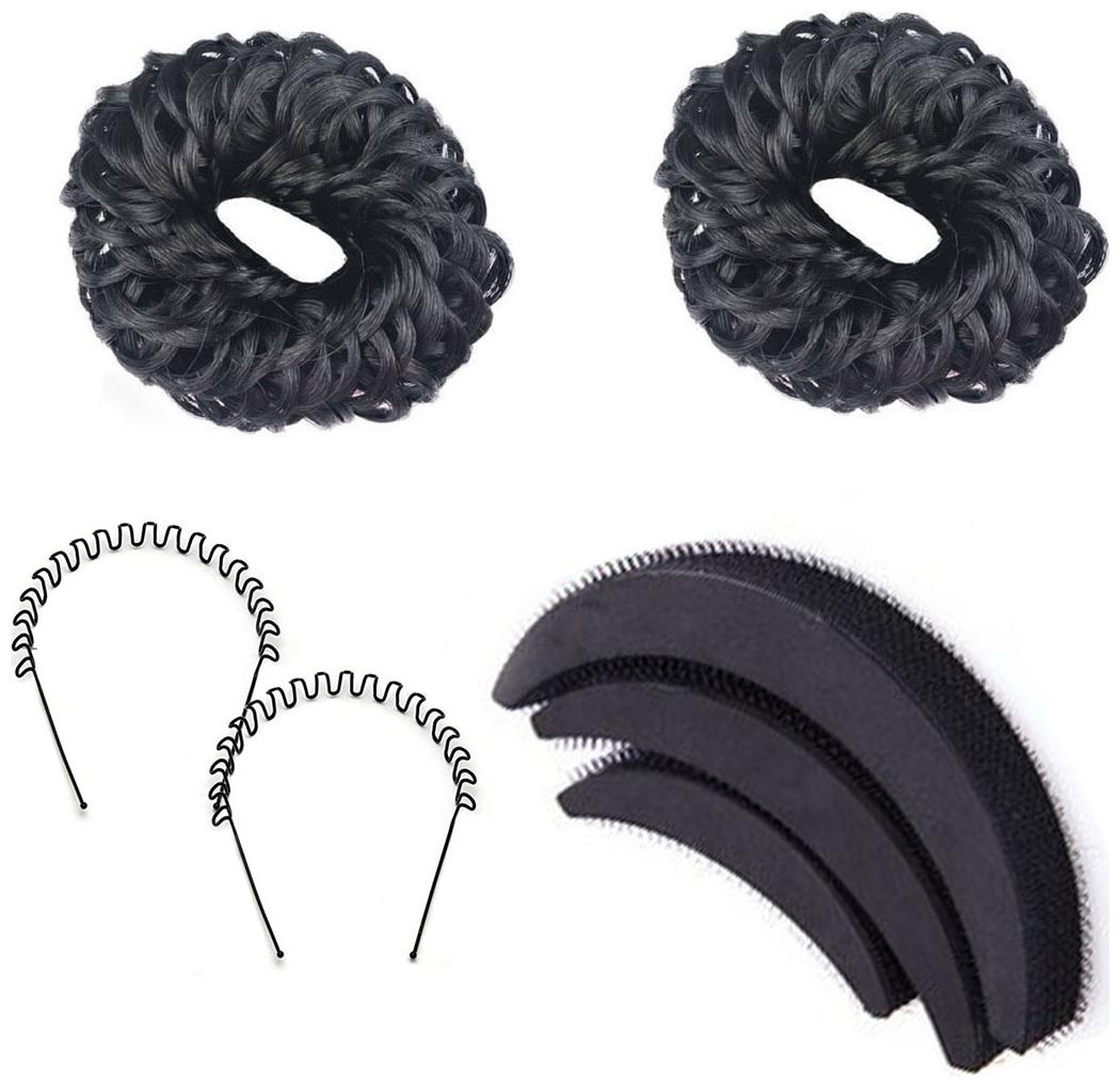 

GadinFashion Set of 7 Hair Asseccories 2 Rubber Bun 3 Banana Bumpit 2 Zig Zag Hair Band for Women Girls