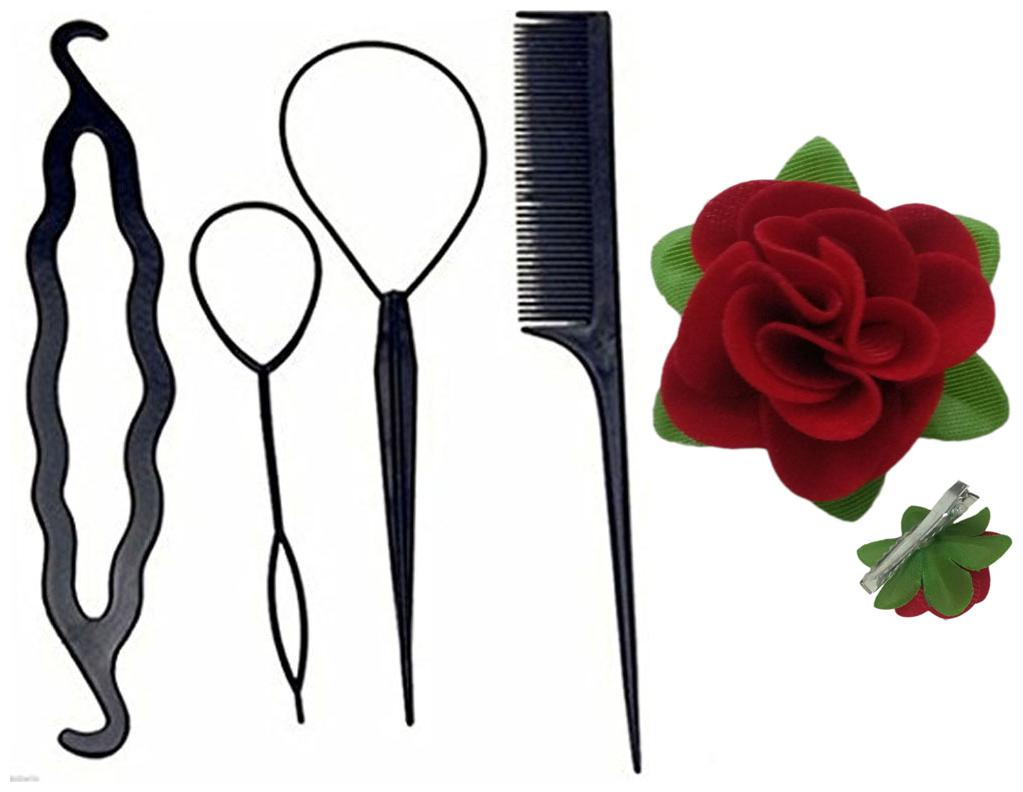 

Set of 5 Hair Accessories with Fabric Red Rose Flower Hair Clip for Women