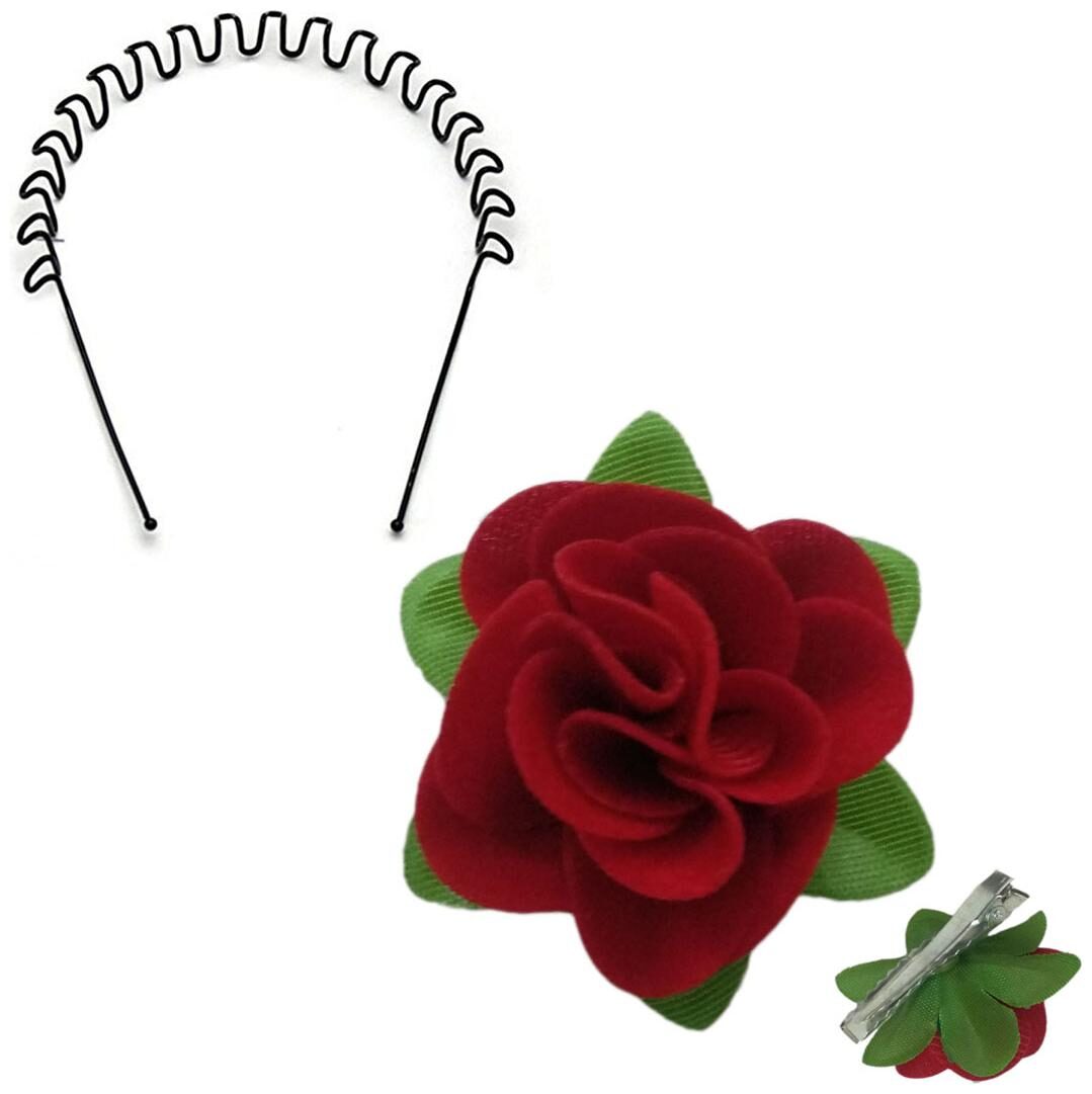 

GadinFashion Set of Fabric Red Rose Flower Hair Clip and Zig Zag Hair Band Hair Accessories For Women