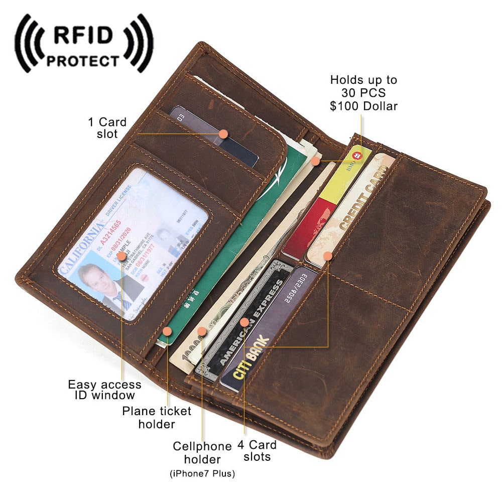 

Genuine Leather RFID Long ID Wallet Men s Bifold Slim Cards Tickets Holder Purse
