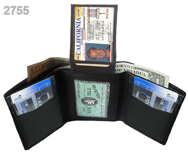 

GENUINE LEATHER BLACK MEN TRIFOLD WALLET 9 Credit Card Flip Top ID Window
