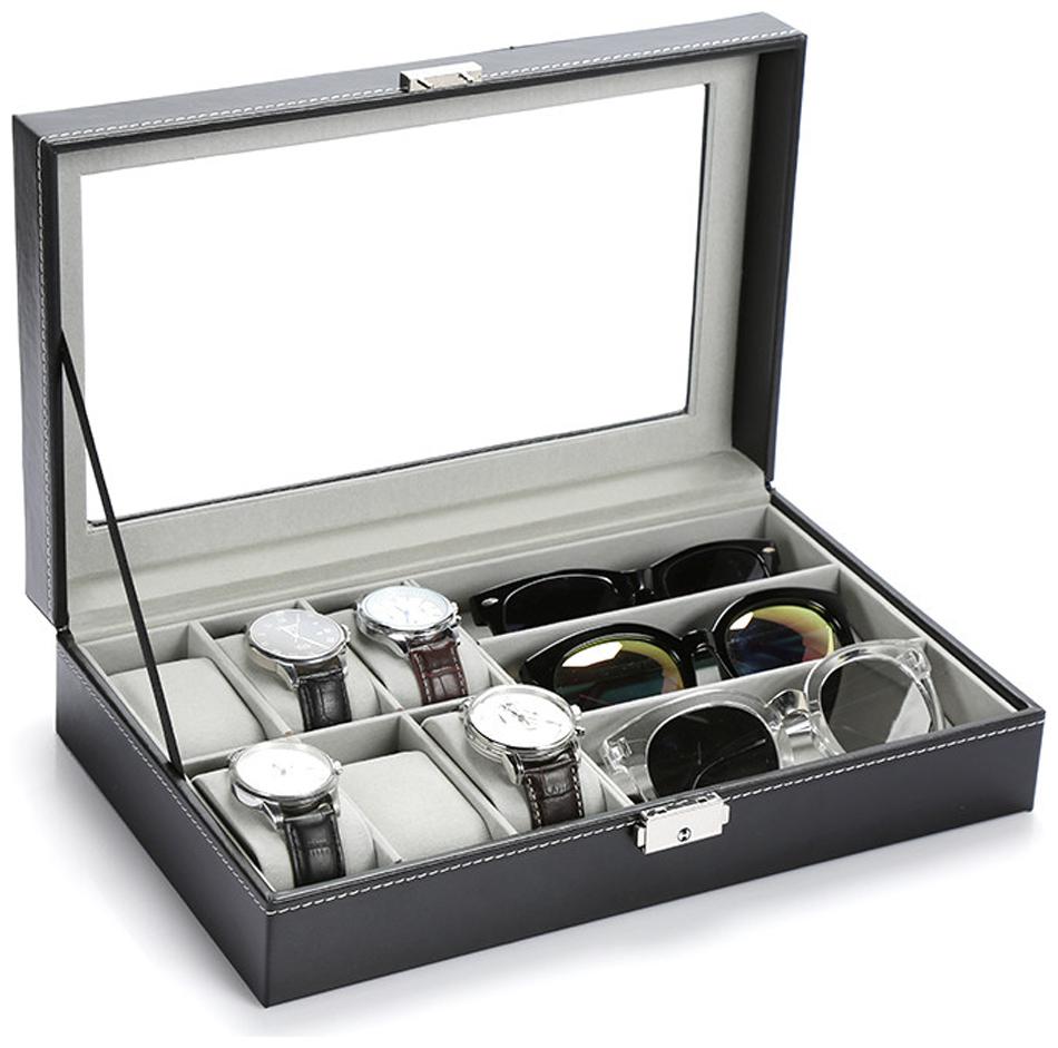 

House of Quirk Leather 6 Watch Jewelry Case and 3 Piece Eyeglasses Storage and Sunglass Glasses Display Case Organizer - Black