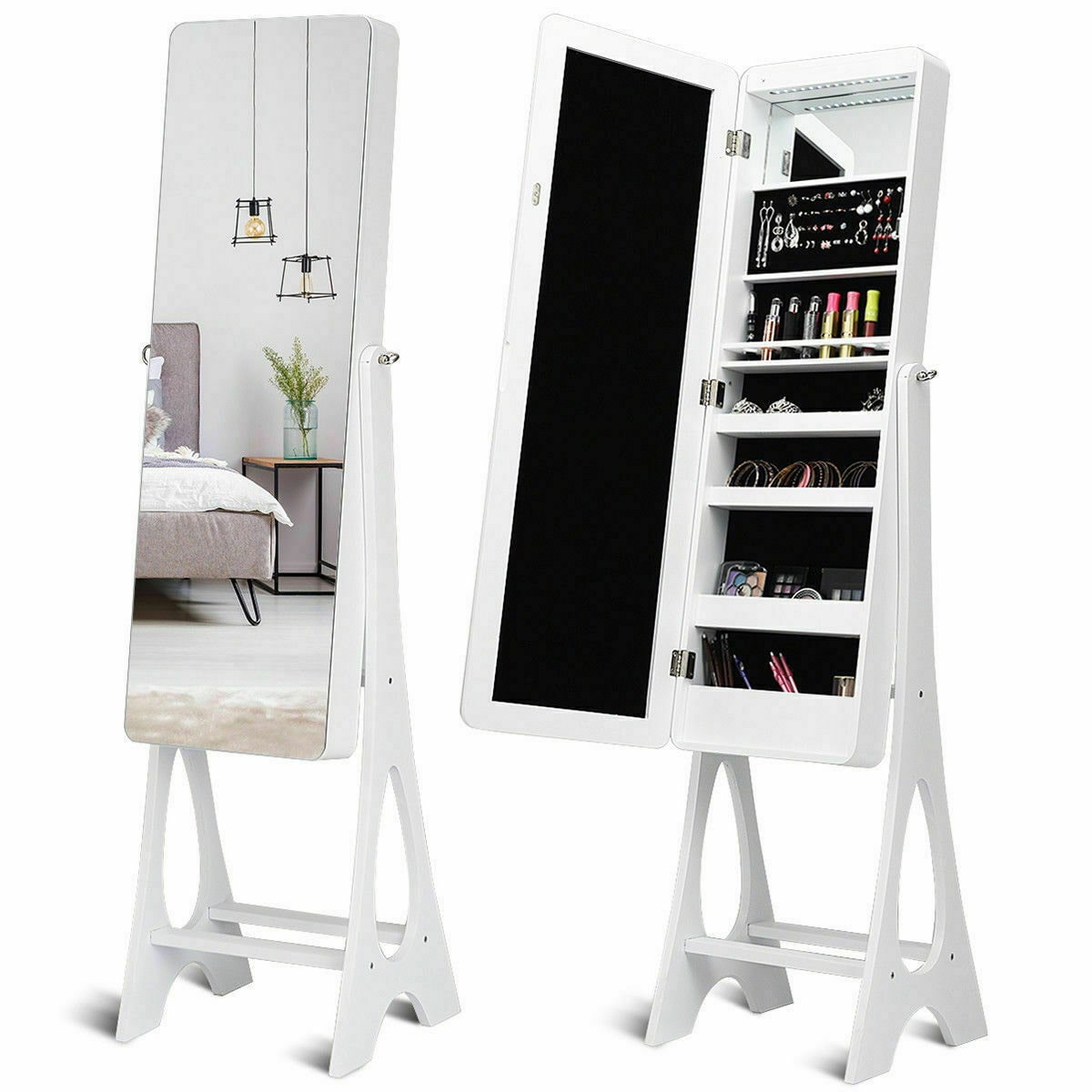 

LED Jewelry Cabinet Standing Armoire Organizer w Bevel Edge Full Size Mirror