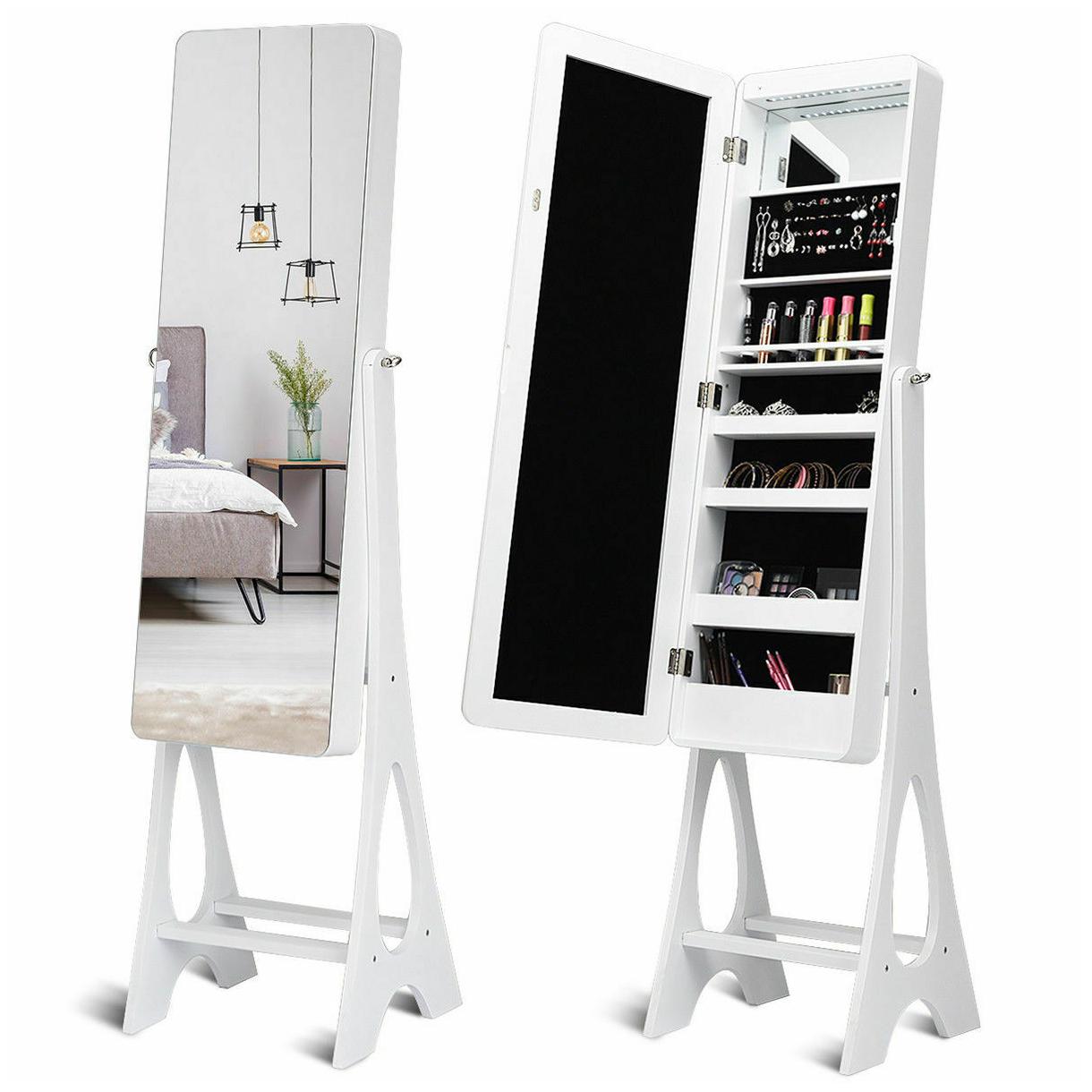 

LED Jewelry Cabinet Standing Armoire Organizer w Bevel Edge Full Size Mirror