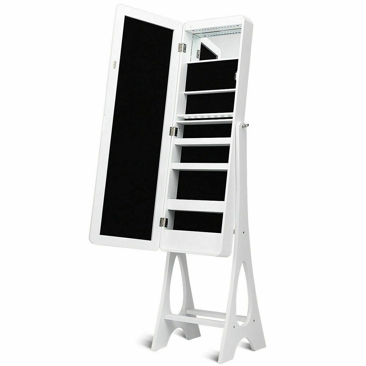 

LED Jewelry Cabinet Free Standing Armoire Organizer w Bevel Edge Mirror White