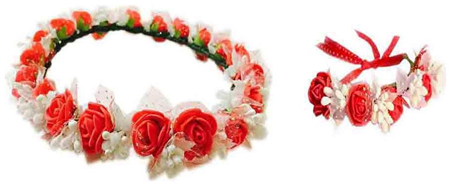 

Loops n knots Red White Floral Tiara Crown With Wrist Band Puff Wrap For Girls Women-Combo Pack