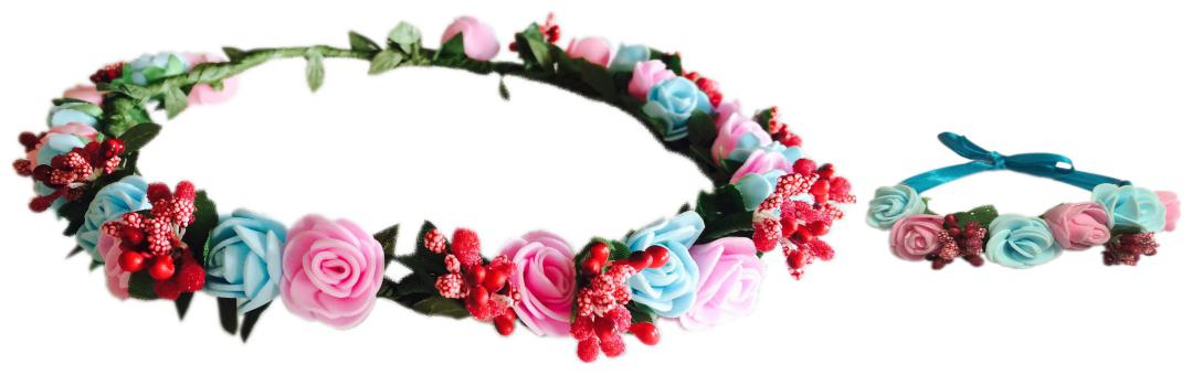 

Loops n knots Blue Red Pink Floral Tiara Crown With Wrist Band Puff Wrap For Girls Women-Combo Pack