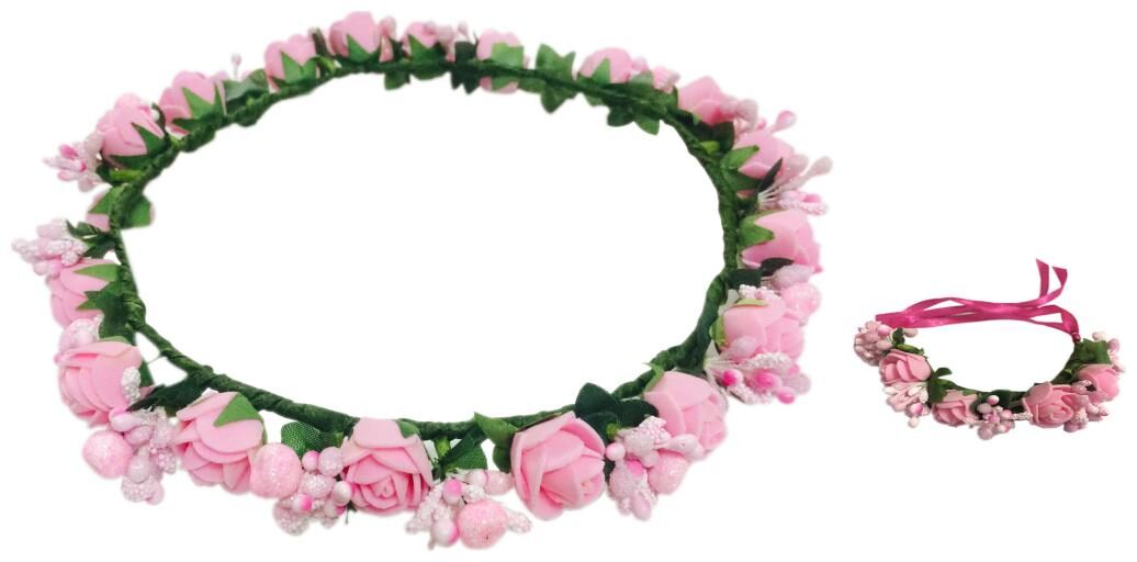 

Loops n knots Classy Pink Floral Tiara Crown With Wrist Band Puff Wrap For Girls Women-Combo Pack