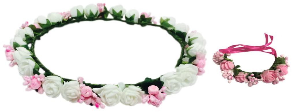 

Loops n knots White Pink Floral Tiara Crown With Wrist Band Puff Wrap For Girls Women-Combo Pack