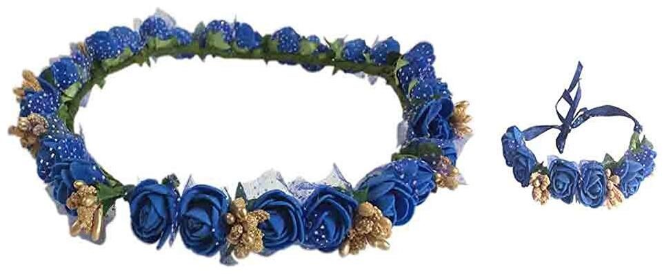 

Loops n knots Blue Golden Floral Tiara Crown With Wrist Band Puff Wrap For Girls Women-Combo Pack