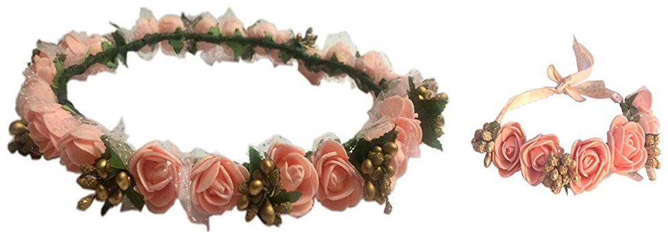 

Loops n knots Peach Golden Floral Tiara Crown With Wrist Band Puff Wrap For Girls Women-Combo Pack