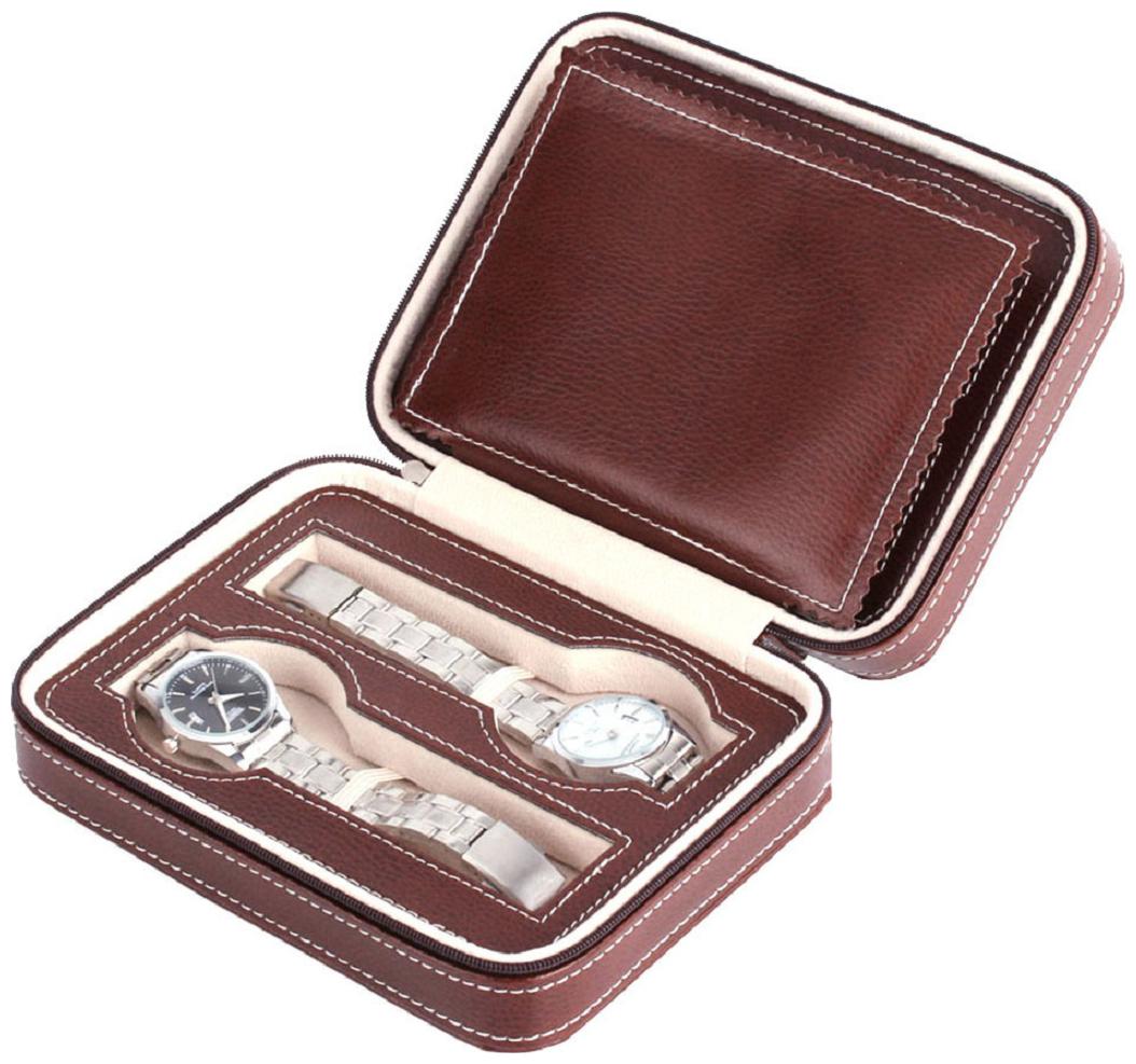 

Luxury Brown Zippered Sport Storage Watch 4 Case Organizer Leather Watch Travel Case For Four Watches Velvet Lining Watch Box (Brown Holds 4 Watches)