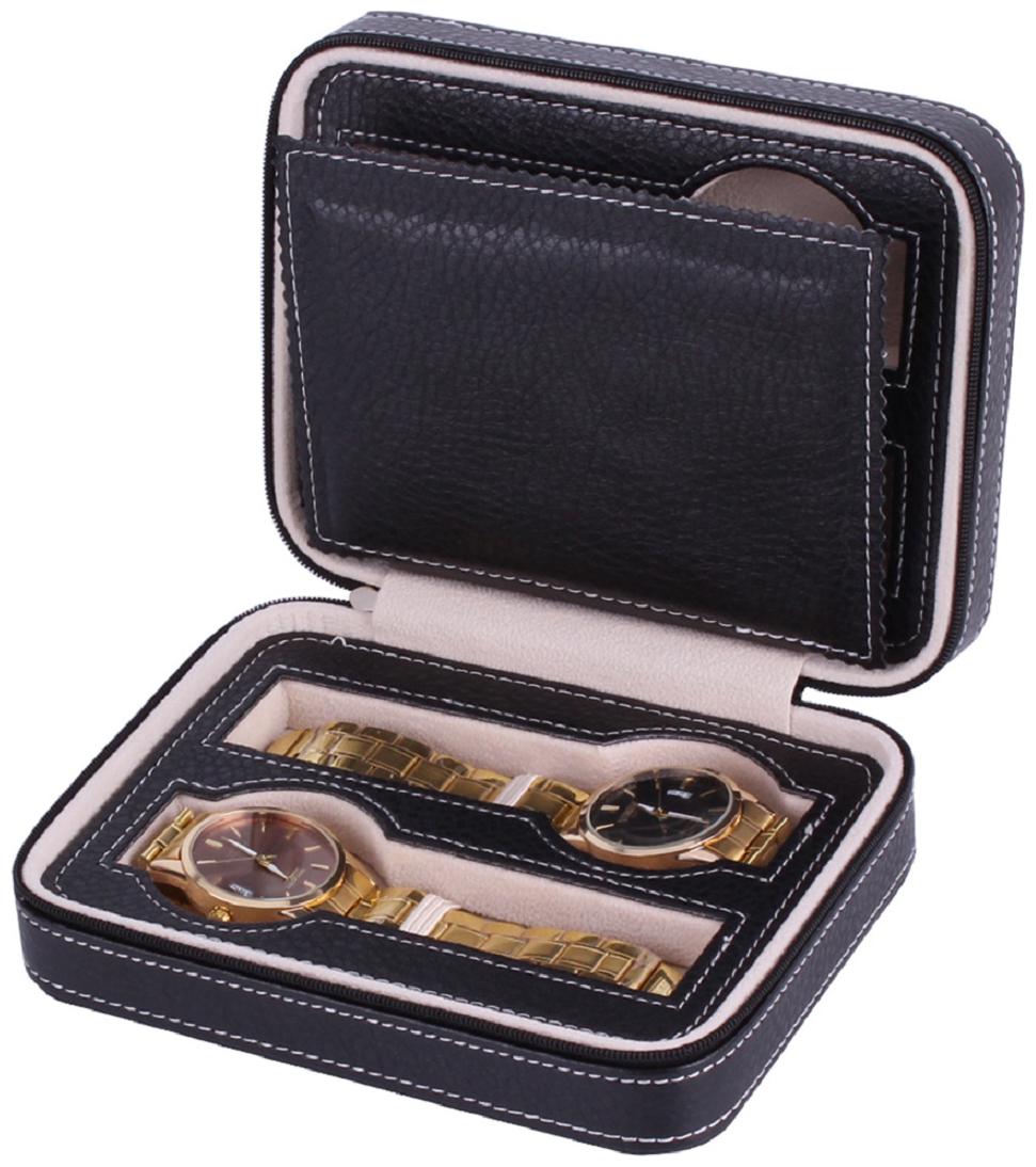 

Luxury Brown Zippered Sport Storage Watch 4 Case Organizer Leather Watch Travel Case For Four Watches Velvet Lining Watch Box (Black Holds 4 Watches)